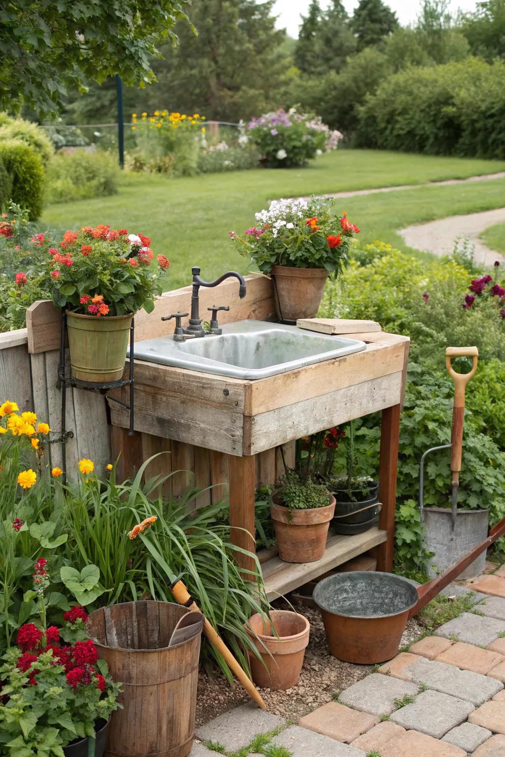 Gardening-focused sink makes plant potting a breeze.