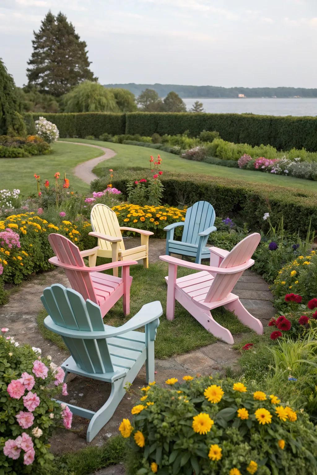 Pastel colors create a soft and inviting outdoor ambiance.