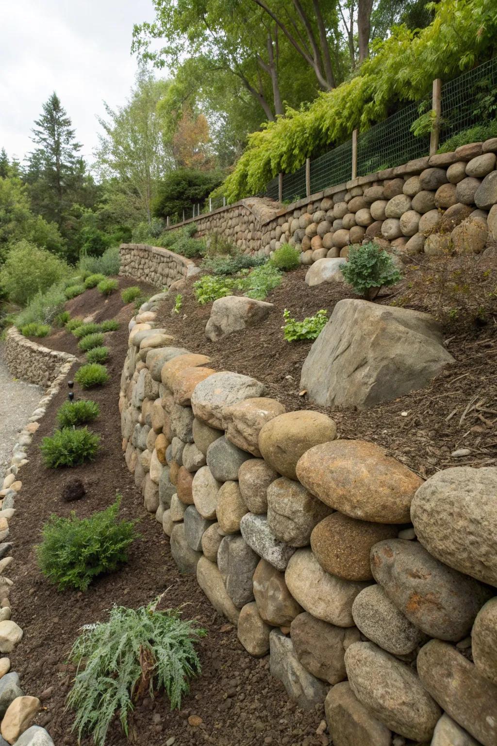 A retaining wall featuring a stunning mix of small and large river rocks for added visual interest.