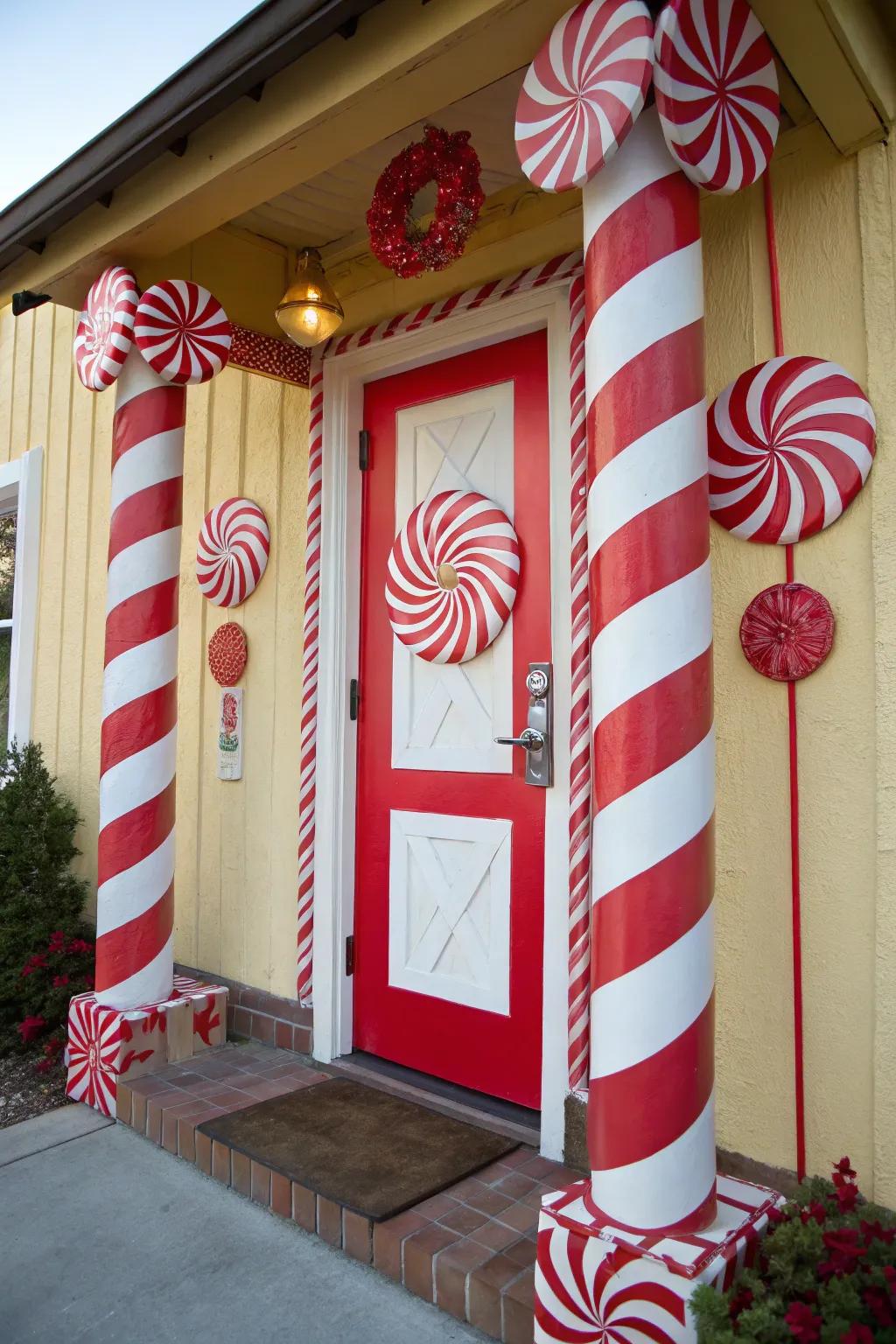 Step into a world of sweetness with a Candy Cane Lane-themed door.