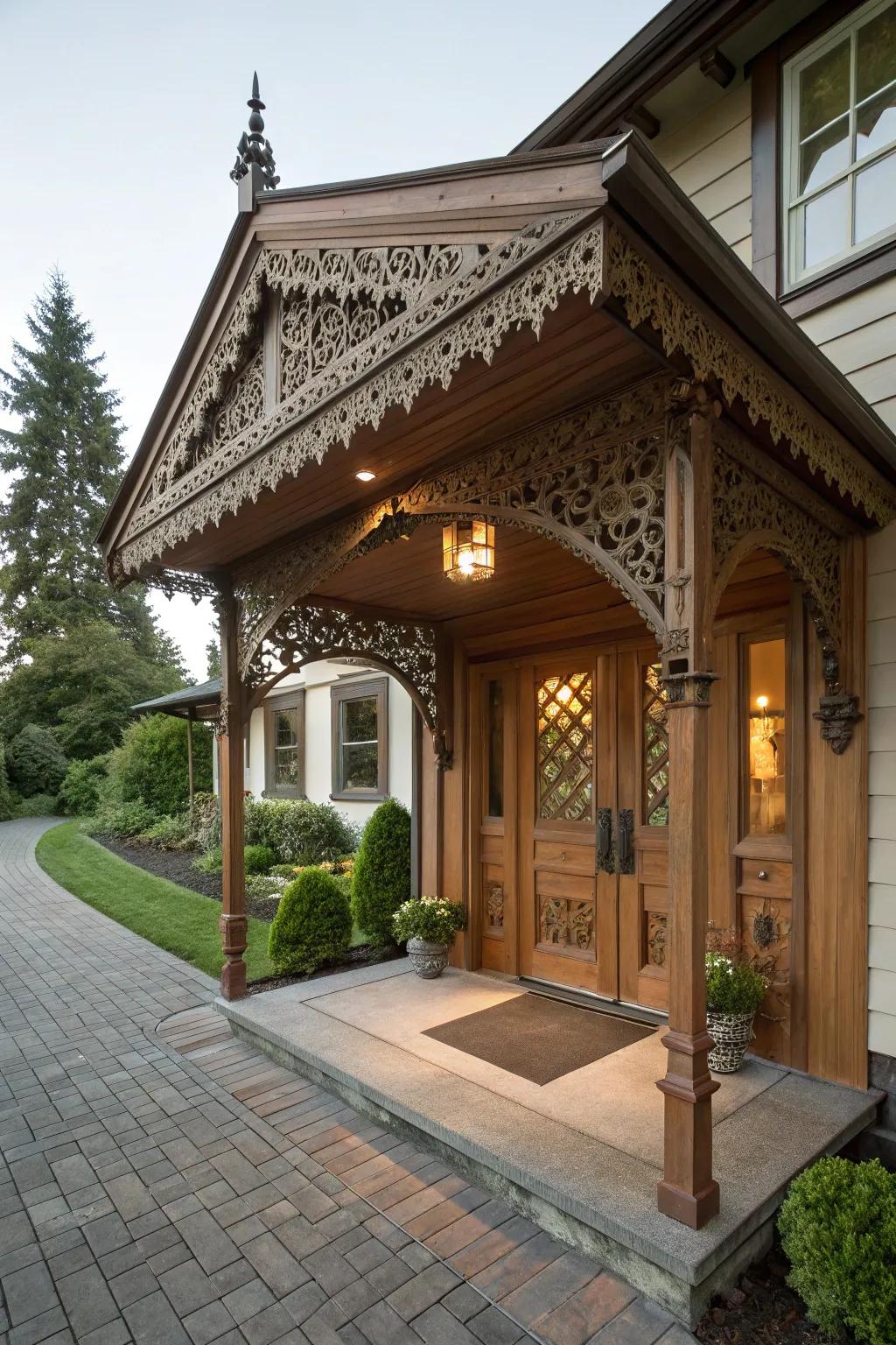 A classic wooden awning enhances this home's entry with timeless elegance.