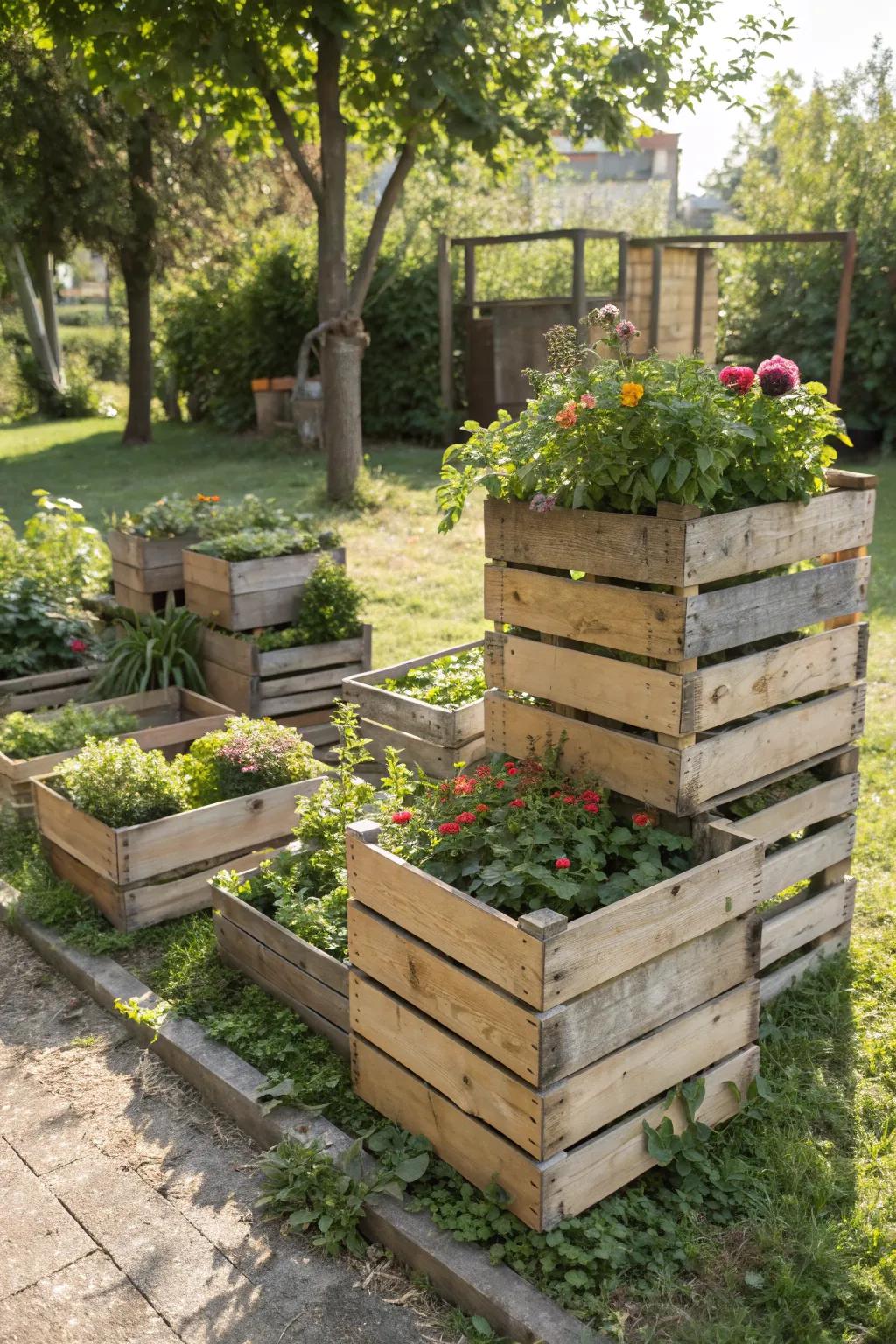 Multi-level display using wooden crates.