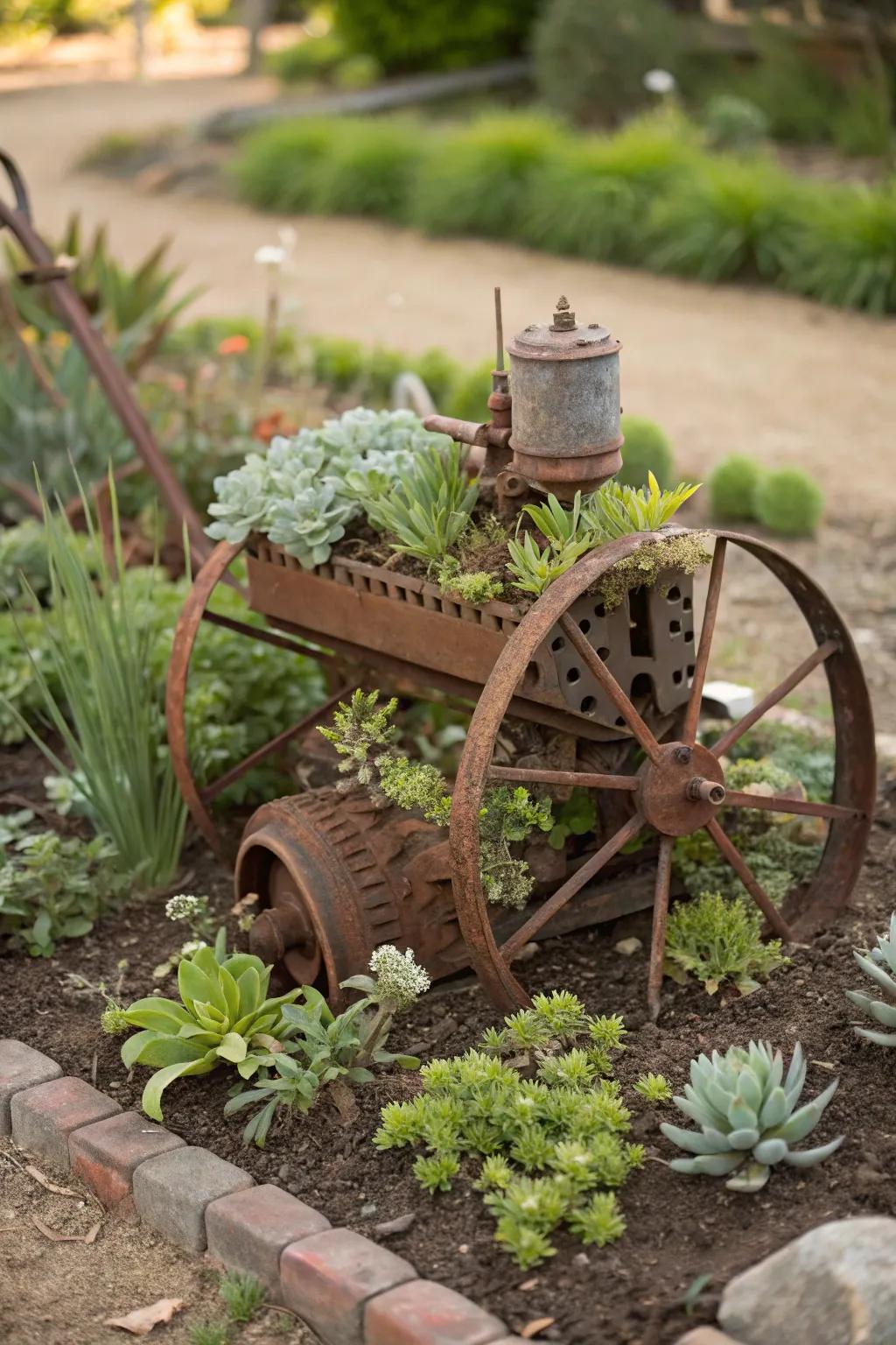 A seeder planter offers an industrial edge to garden design.