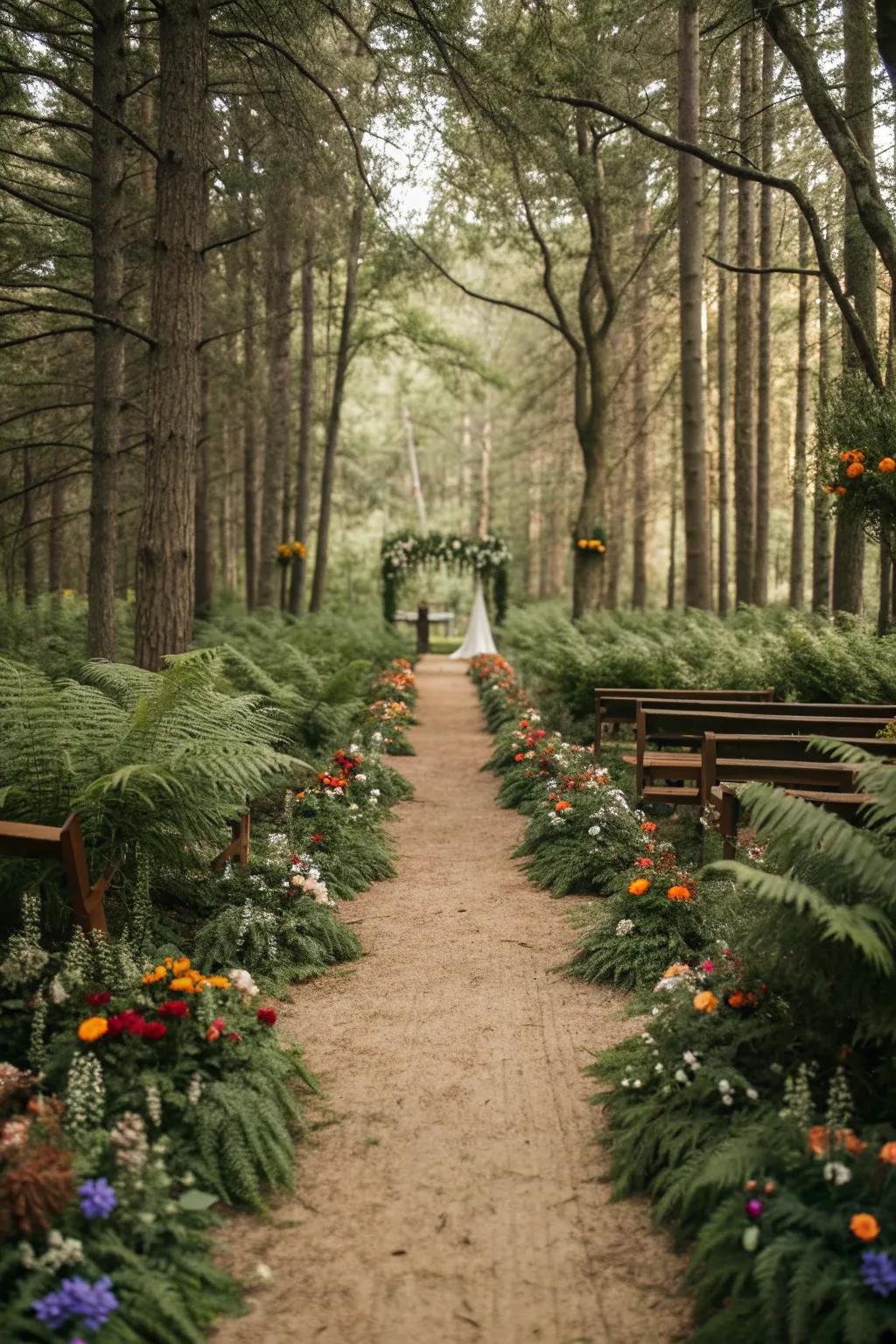 A fern-lined aisle creates a natural path to your vows.