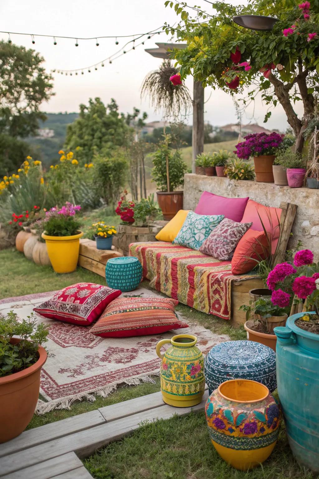 Bright colors adding vibrancy to a boho garden.