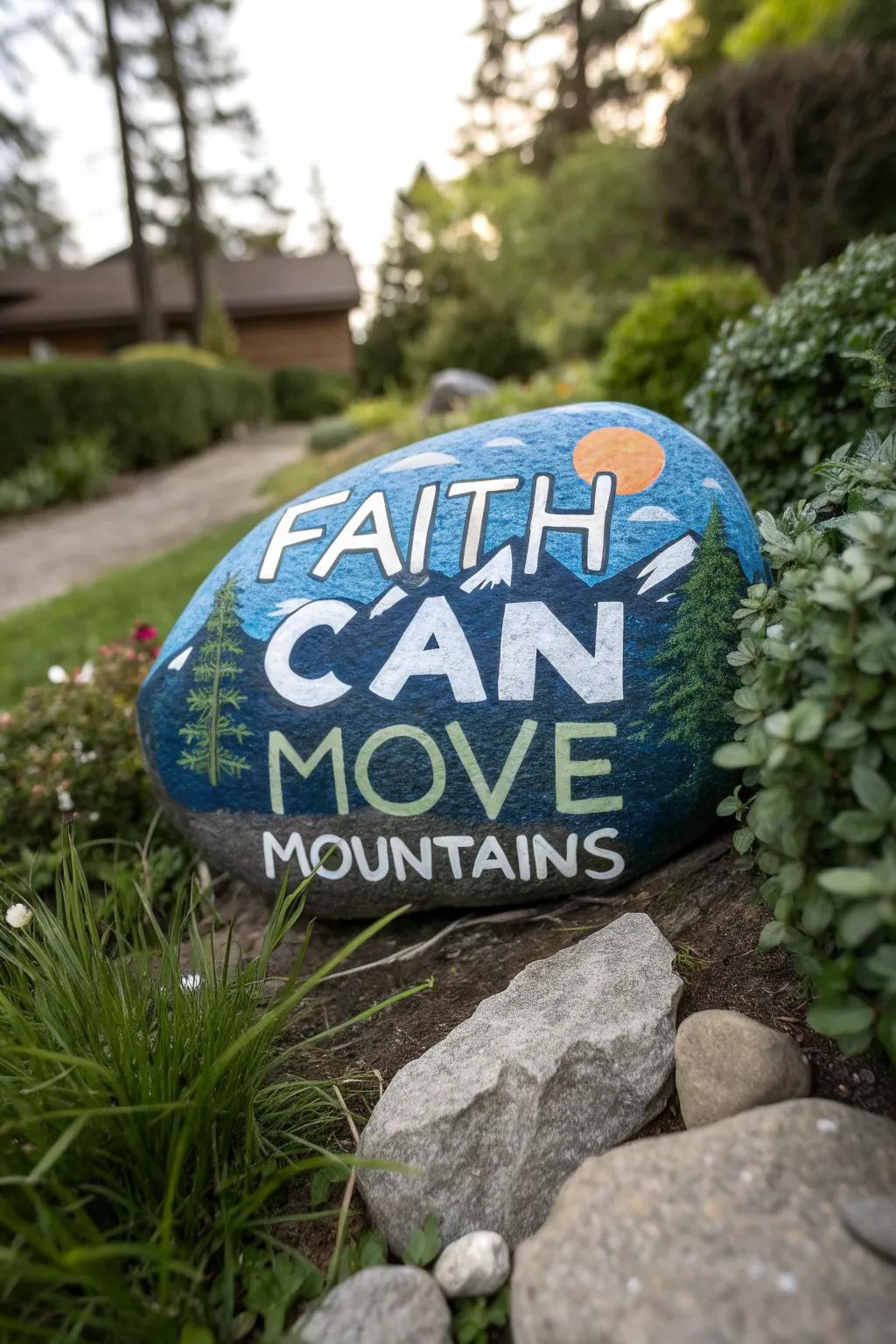 A beautifully painted rock that captures the essence of faith and nature.