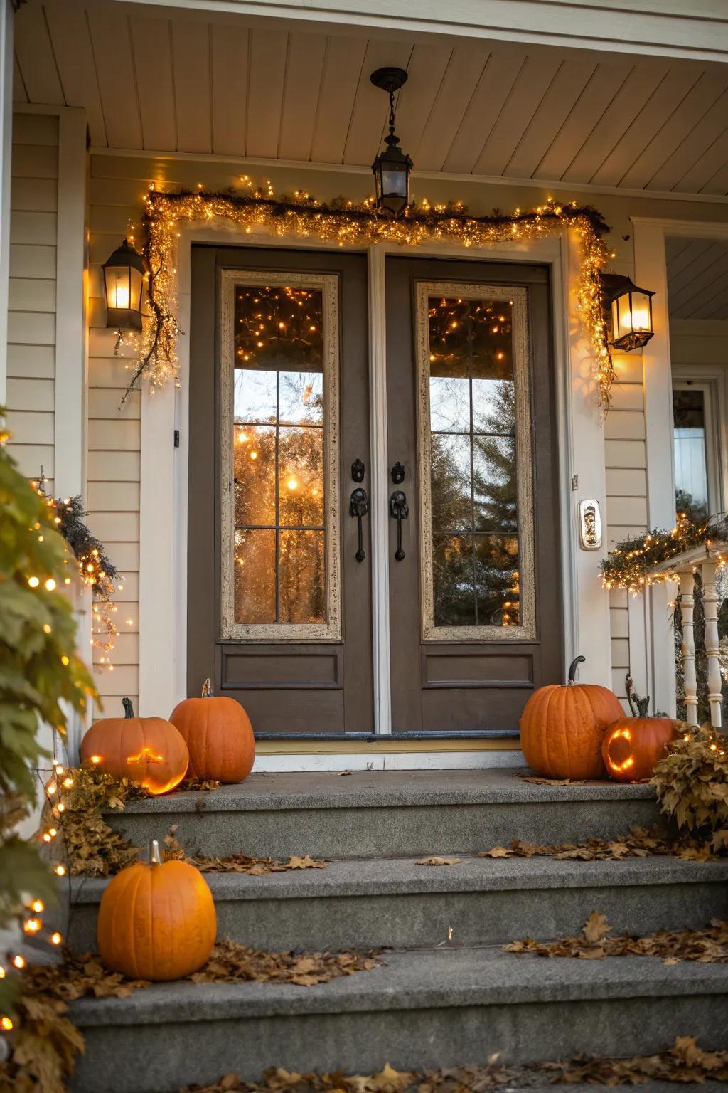 Seasonal decorations, like pumpkins and lights, add festive flair to the double front porch.