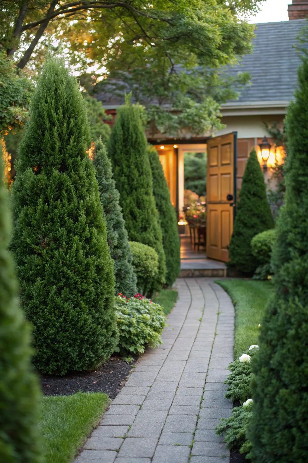 Evergreen borders provide year-round greenery.