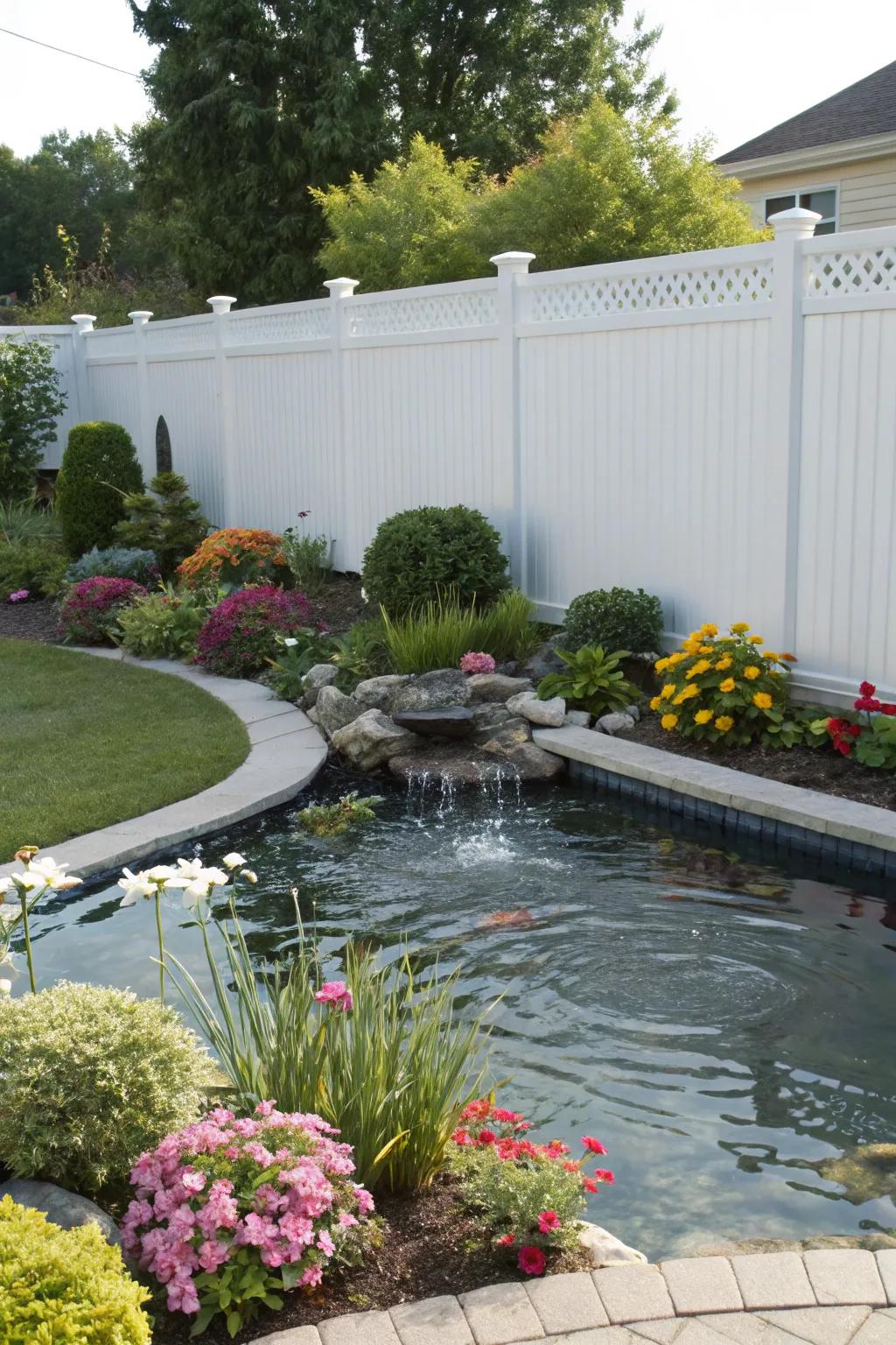 Vinyl fences offer a clean, low-maintenance barrier for ponds.