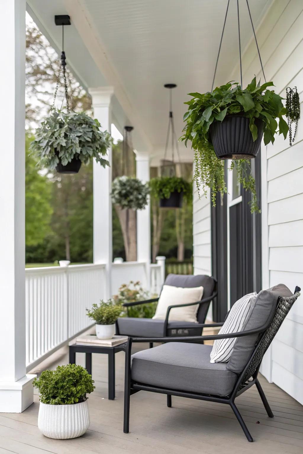 A monochrome palette creates a sleek, modern porch aesthetic.