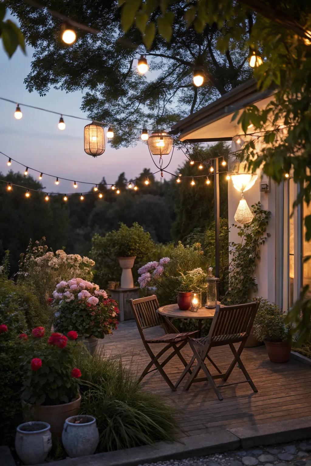A garden terrace beautifully lit up by string lights, perfect for evening gatherings.