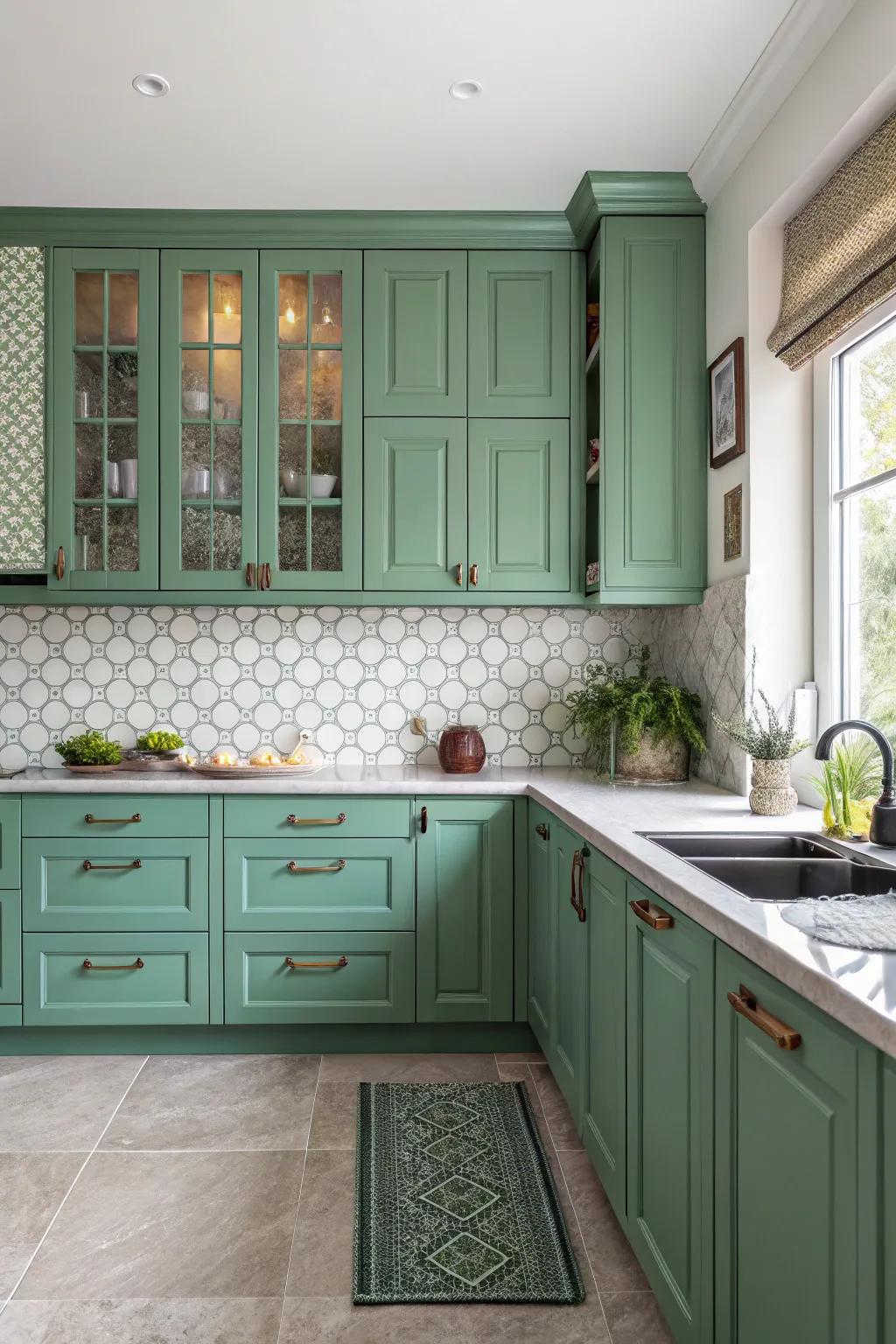 Mixing various shades of green adds depth to the kitchen design.