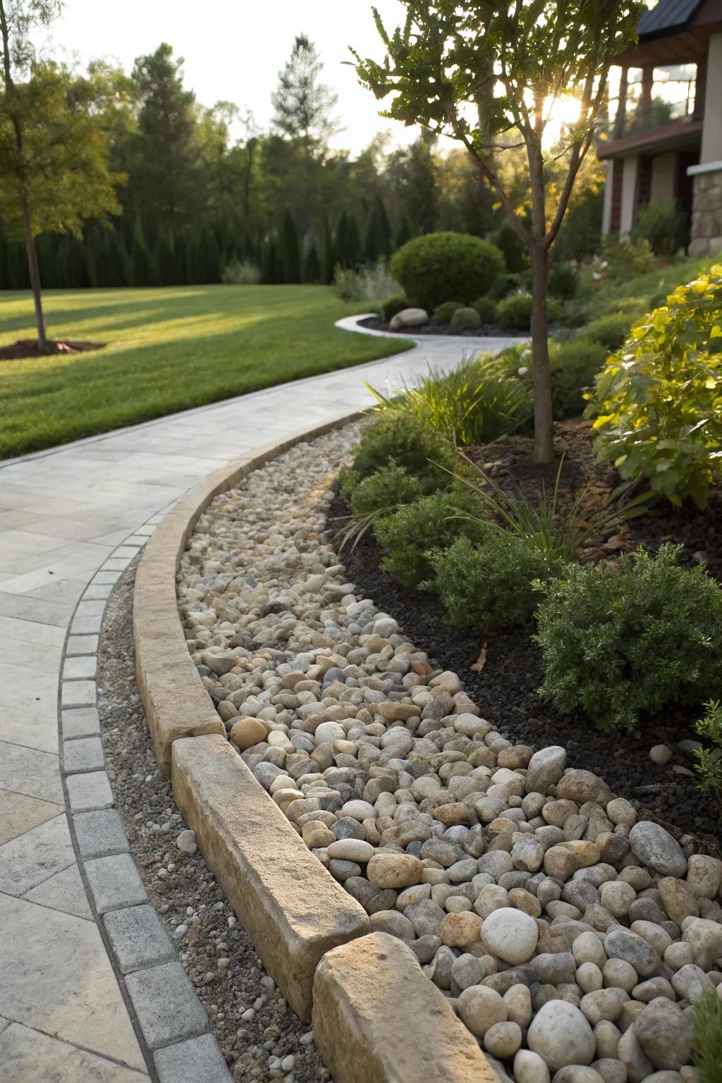 Pebble borders in curbing add texture and playfulness to garden edges.