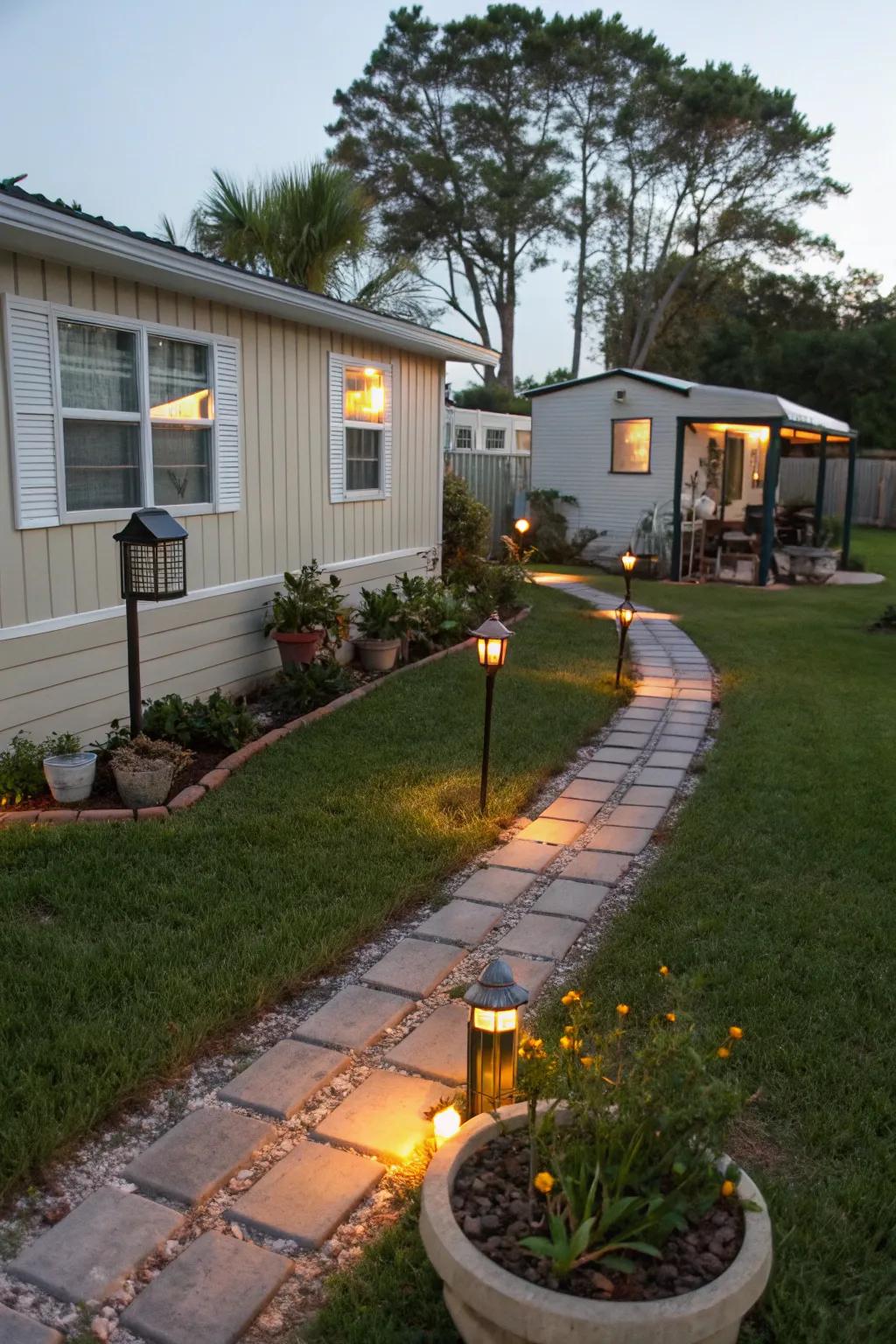 Solar lighting casting a warm glow along pathways.