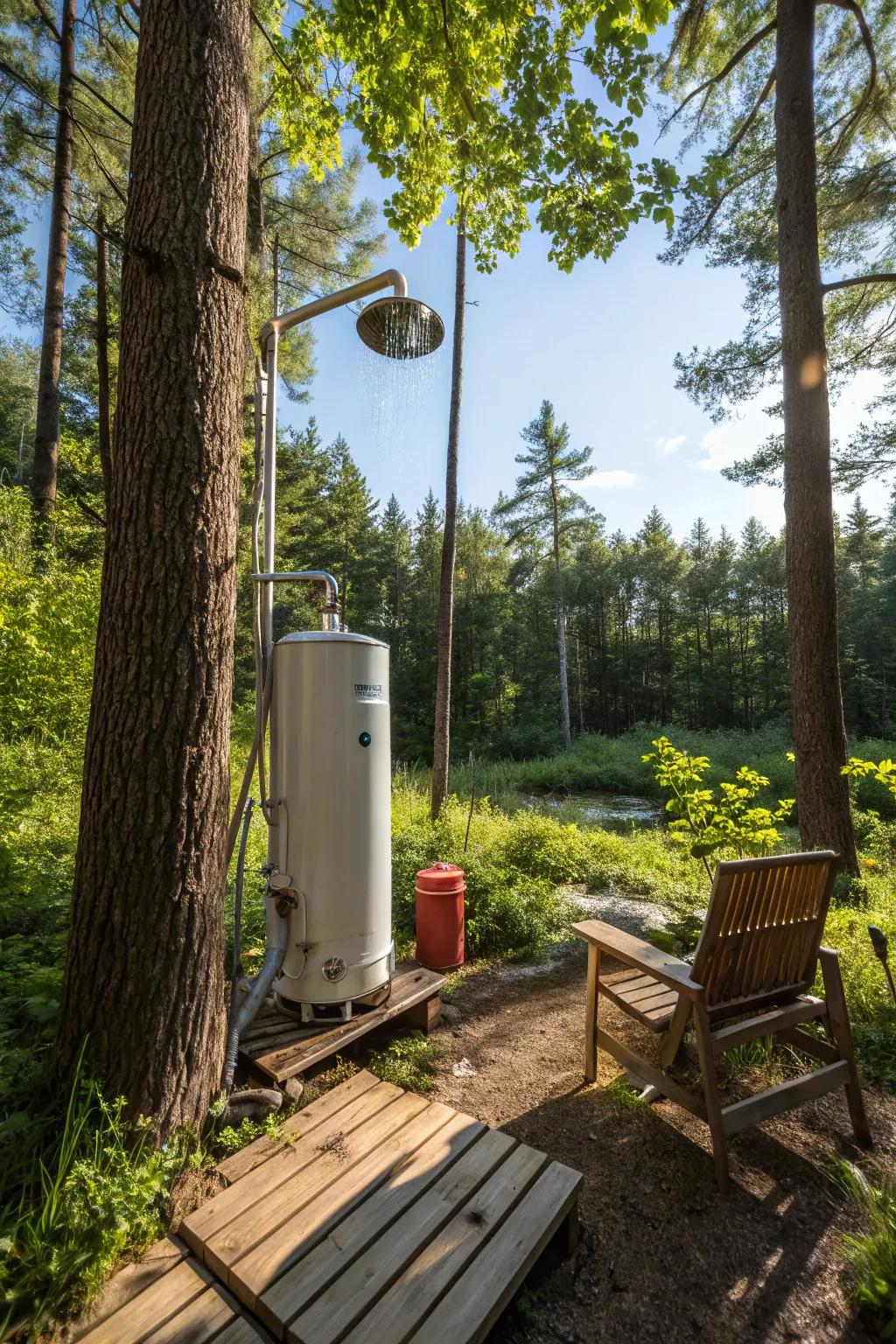 Propane water heaters provide warmth in off-grid showers.