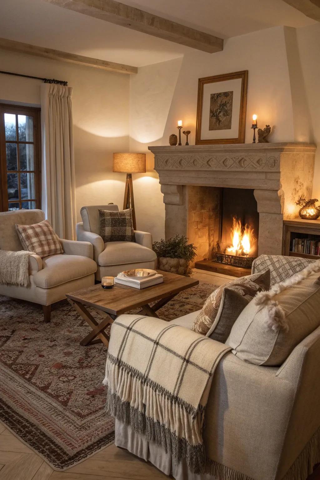 A cozy gathering spot with seating around an open fireplace.