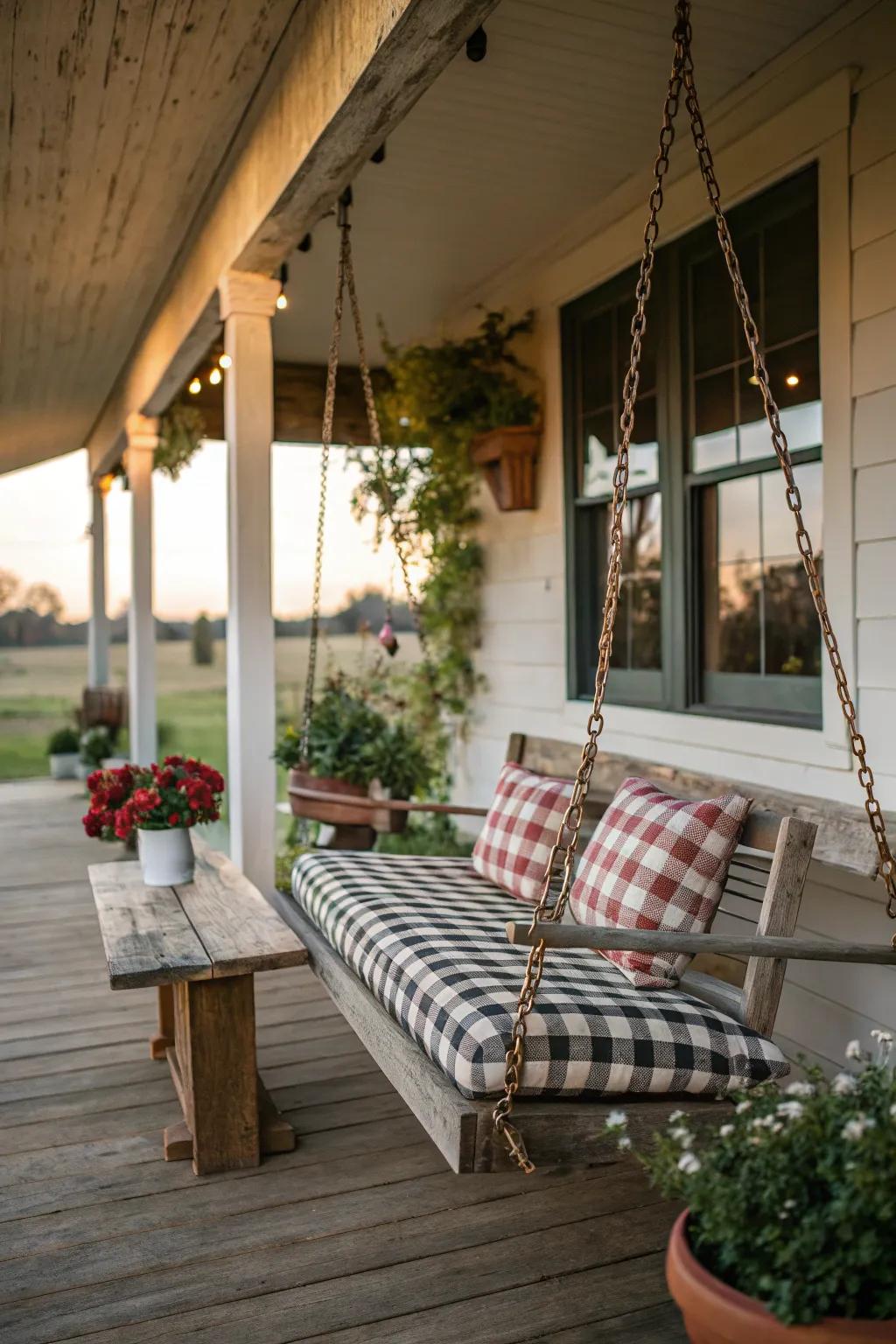 A farmhouse swing inviting for a relaxing afternoon nap.