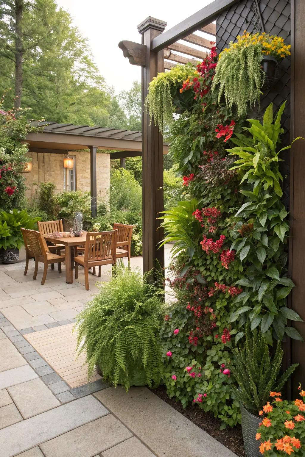 Vertical garden dividers offer a lush, green backdrop.
