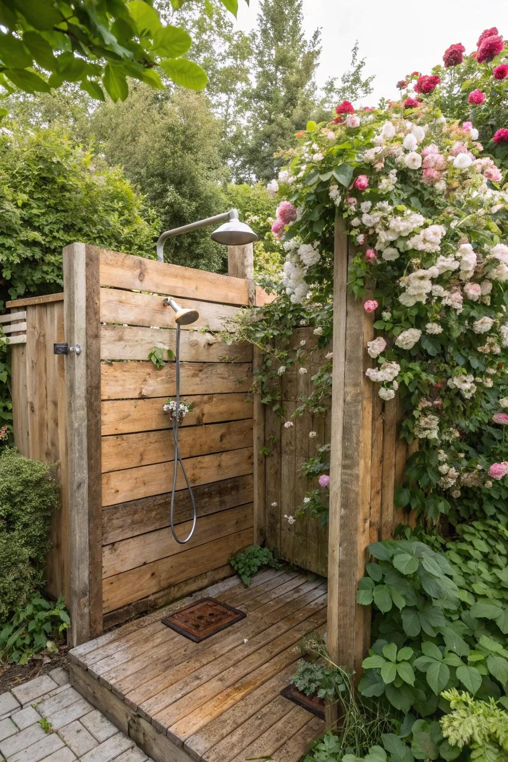 An outdoor shower featuring rich, textured reclaimed wood walls.