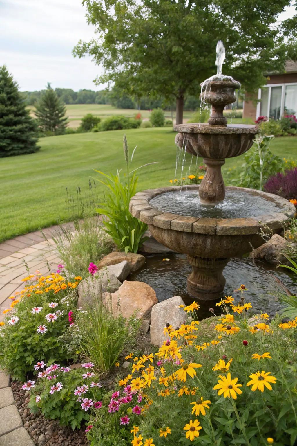 A natural stone fountain perfectly integrated with its lush surroundings.