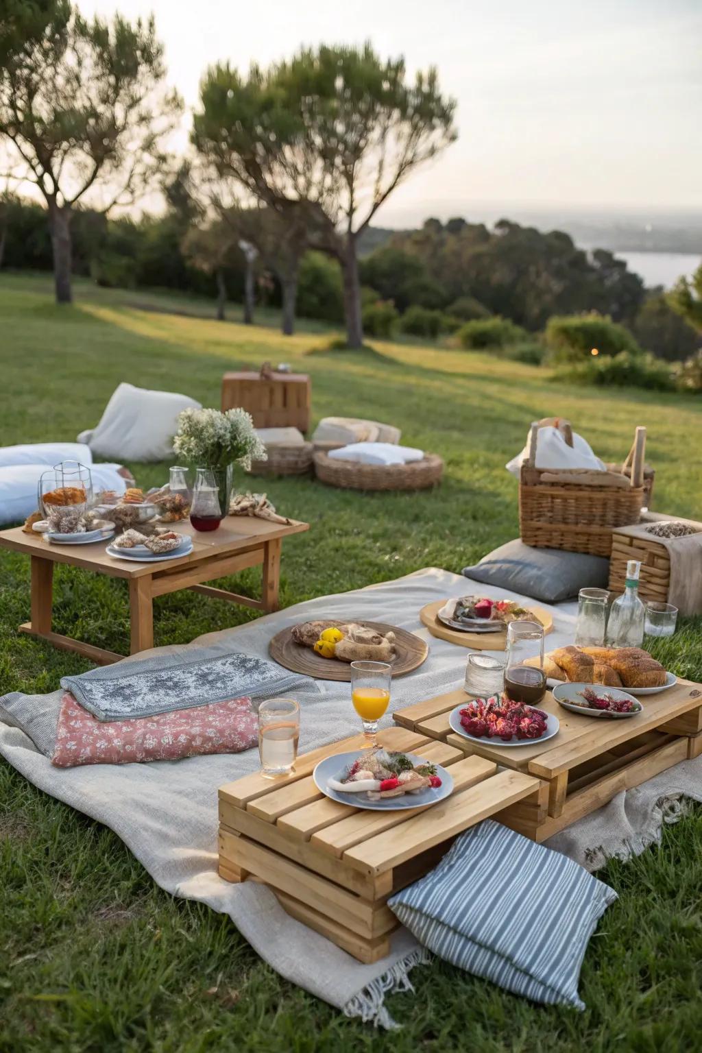 Low tables and cozy blankets offer a relaxed and inviting picnic atmosphere.