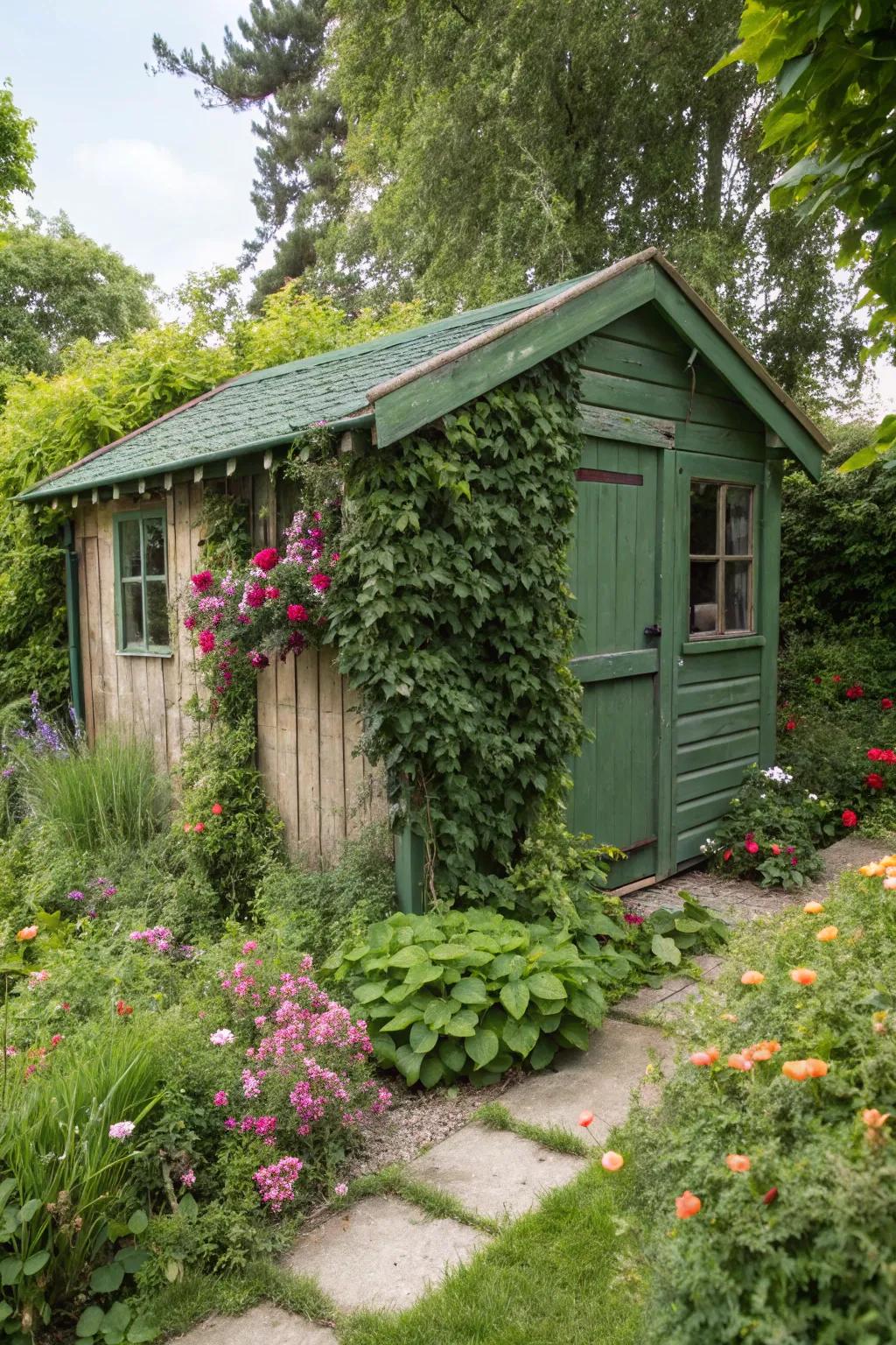 A shed that seamlessly integrates with the garden environment.