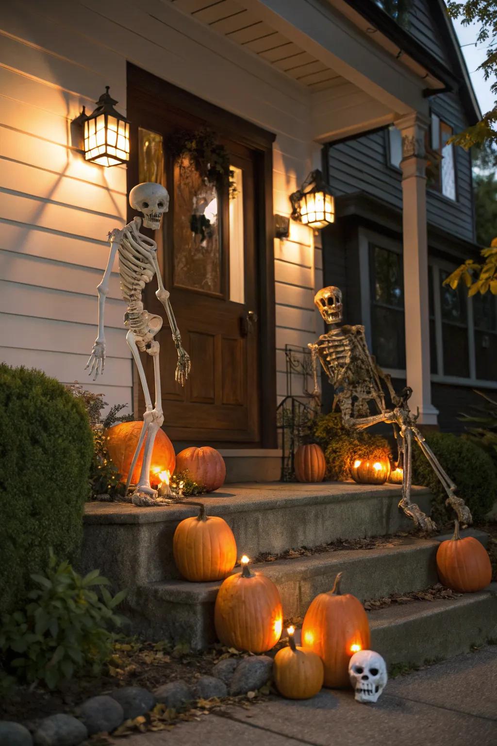 Skeletons illuminated by the soft glow of lighted pumpkins.