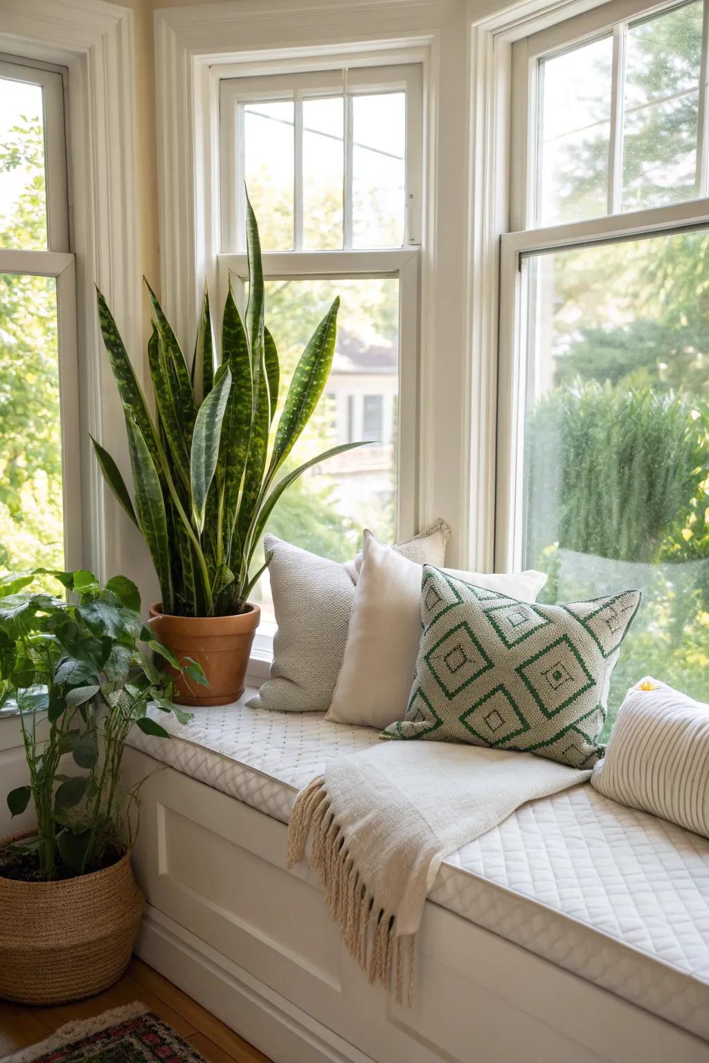 Snake plants add elegance to a cozy bay window corner.