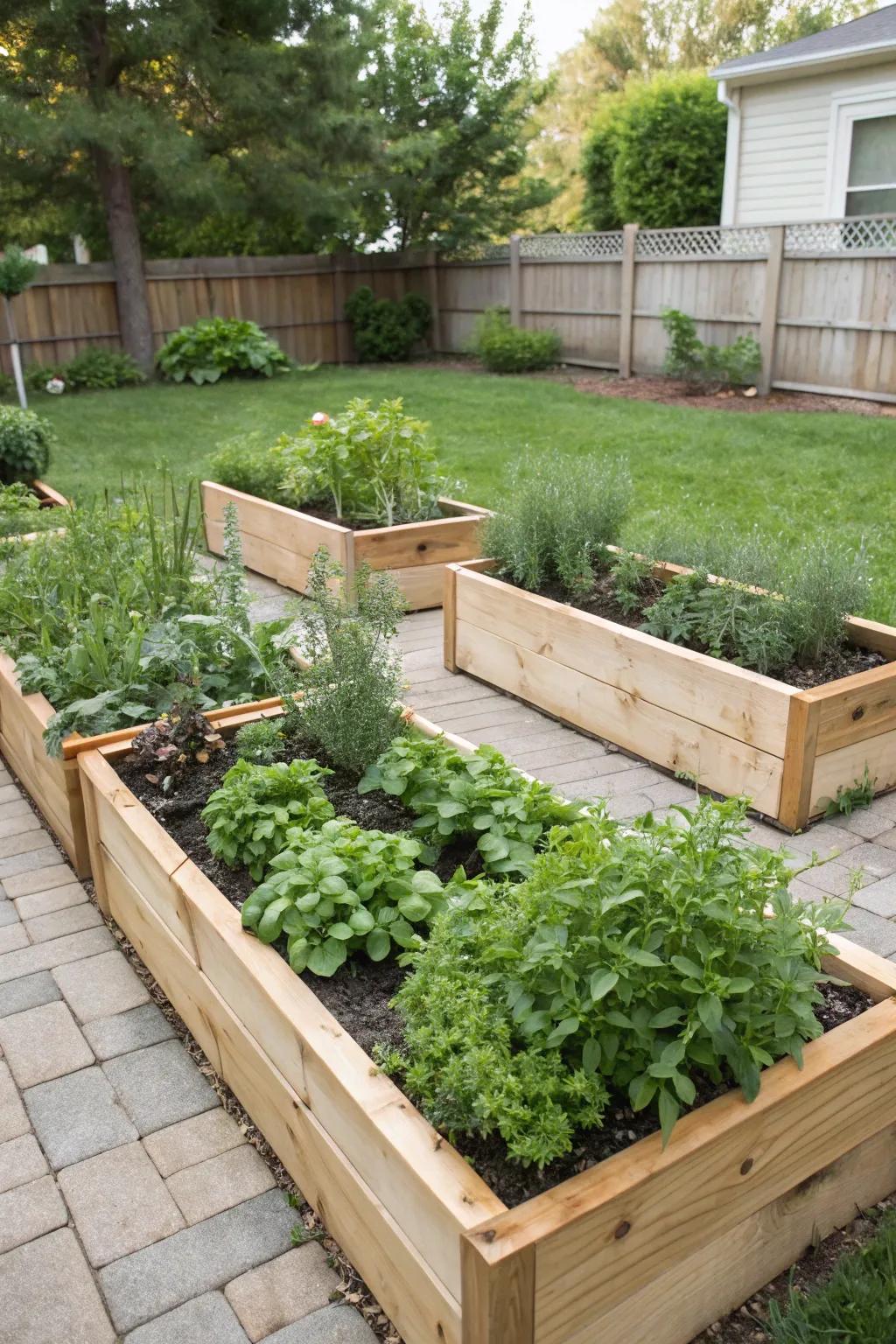 Wooden raised beds filled with a variety of herbs, creating a neat and accessible garden layout.