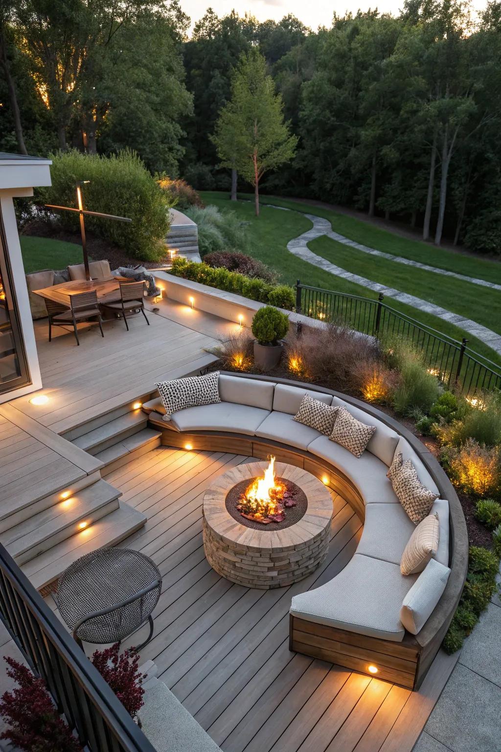 A cozy fire pit on a split-level deck.