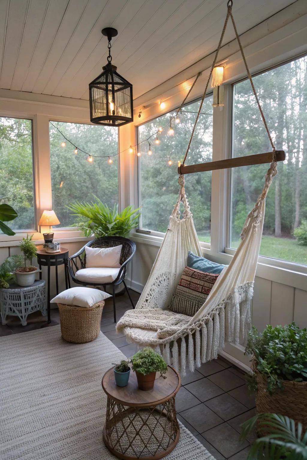 A swing chair adds a playful element to an enclosed porch.