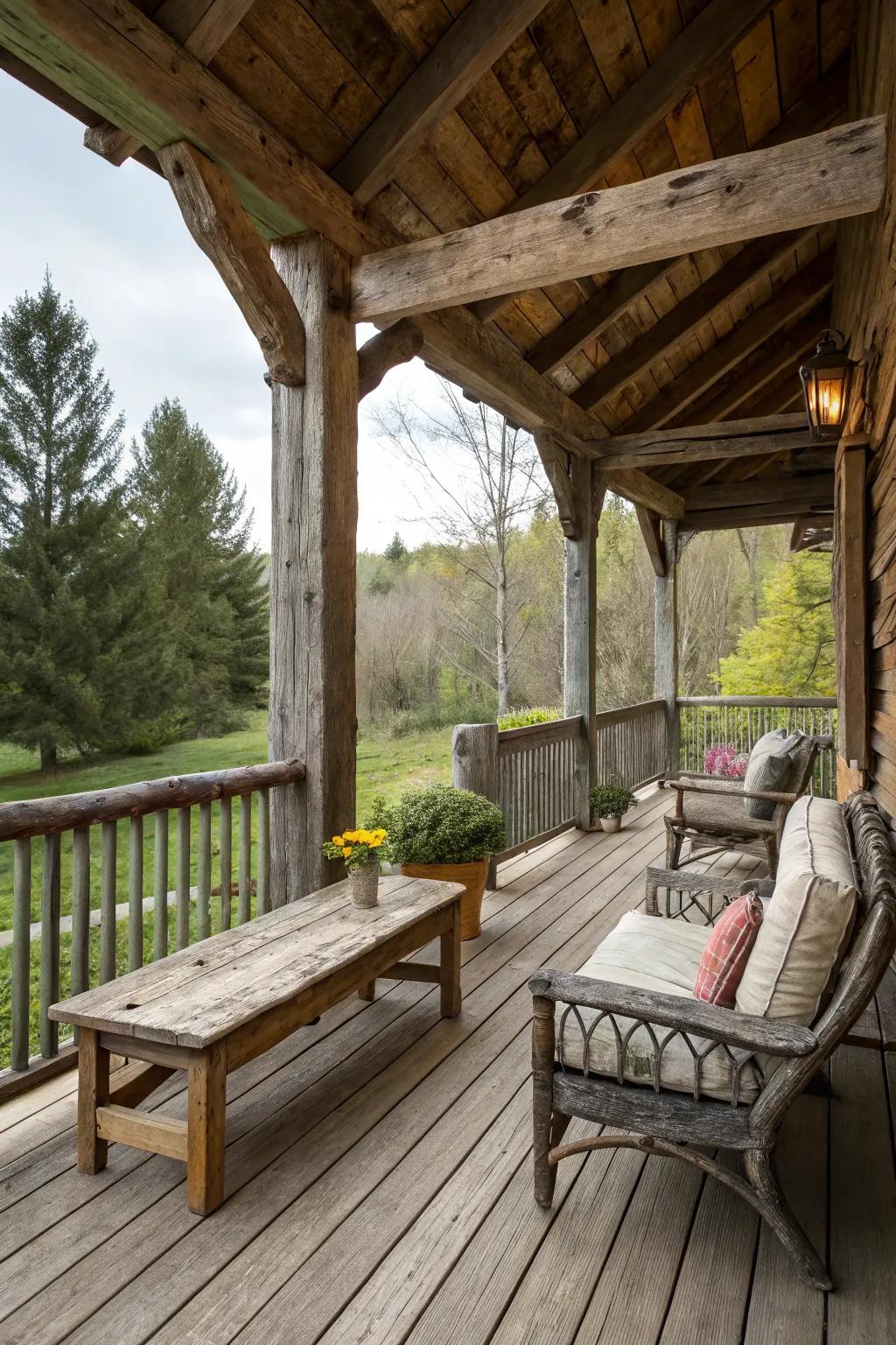 Rustic wooden accents add charm and warmth to this porch deck.