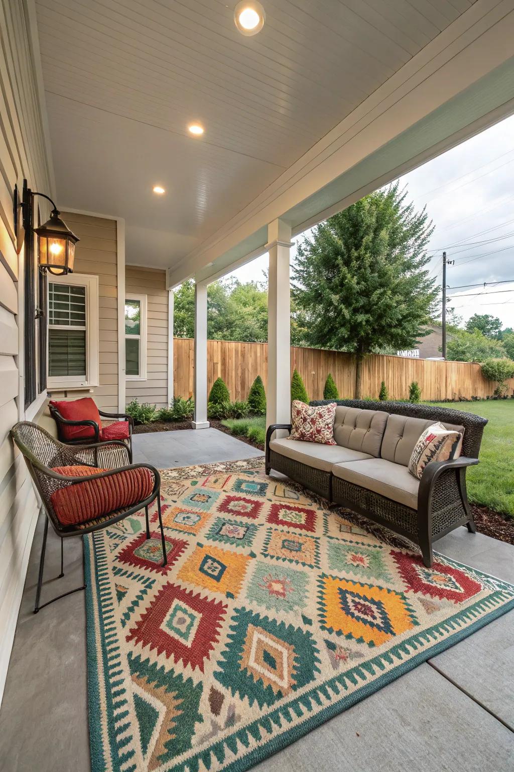 Porch with a stylish outdoor rug and seating area.