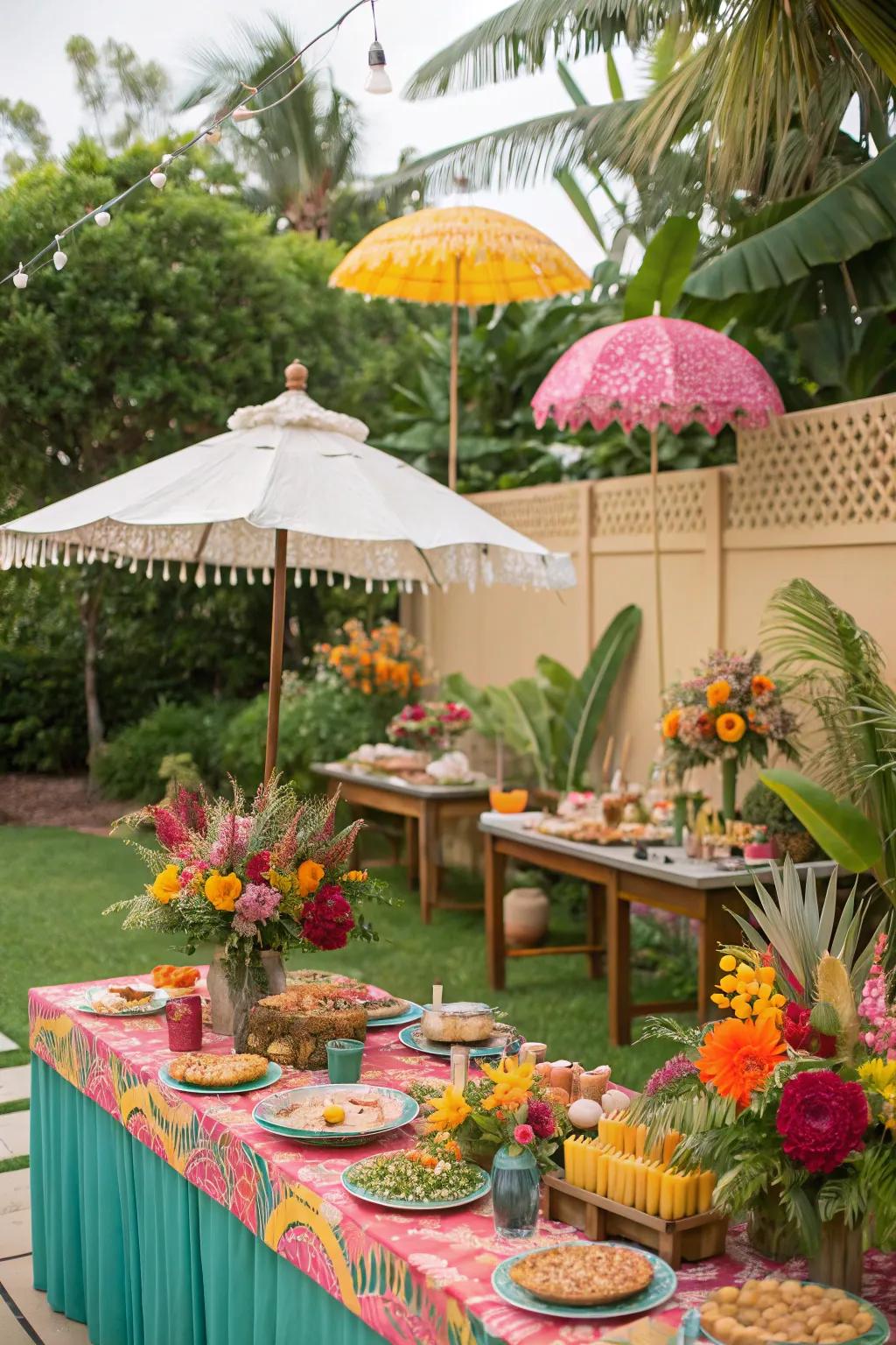 Tropical-themed decor transforms a backyard into a brunch paradise.