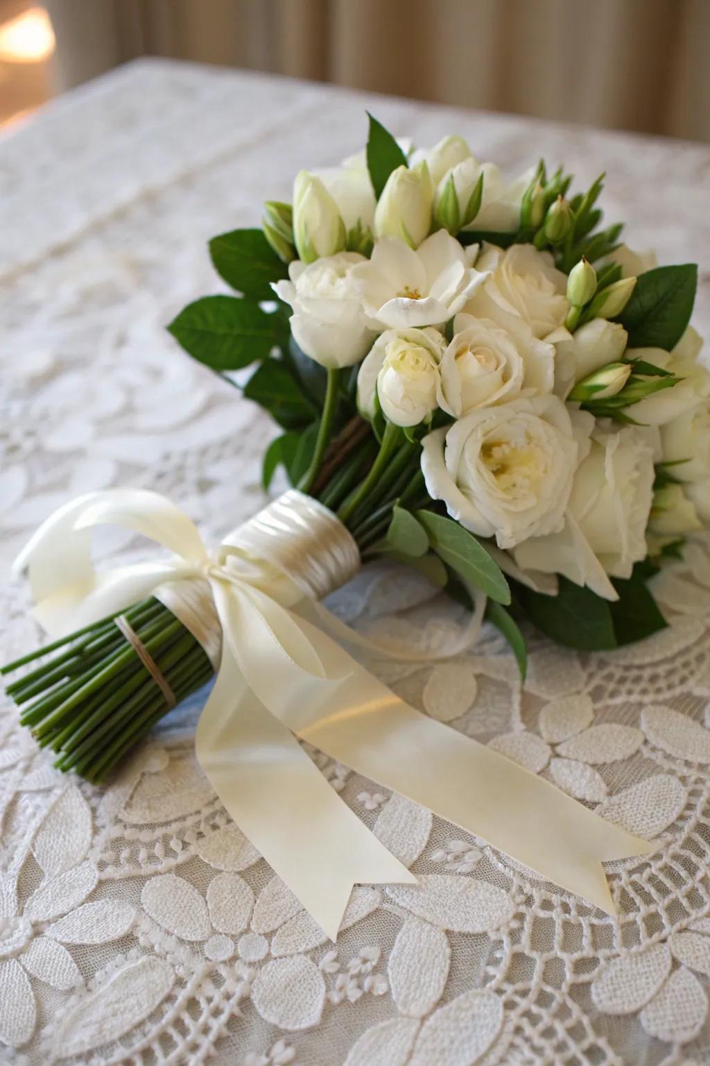 A graceful gardenia bouquet tied with satin.