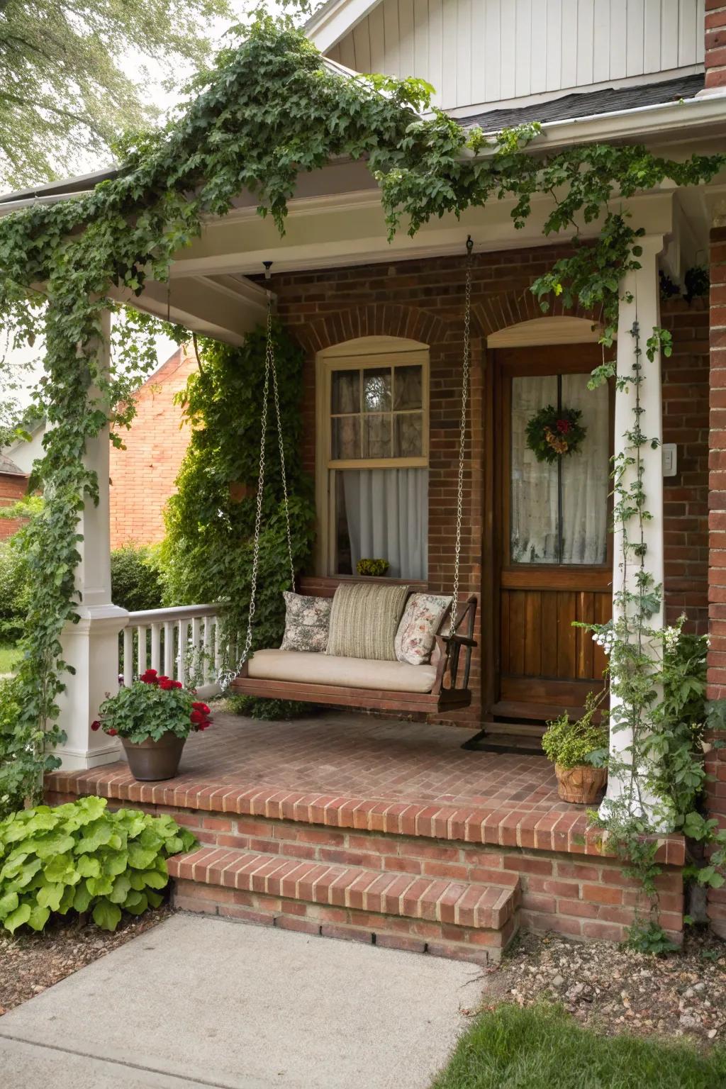 A porch swing adds charm and offers a cozy spot to relax.