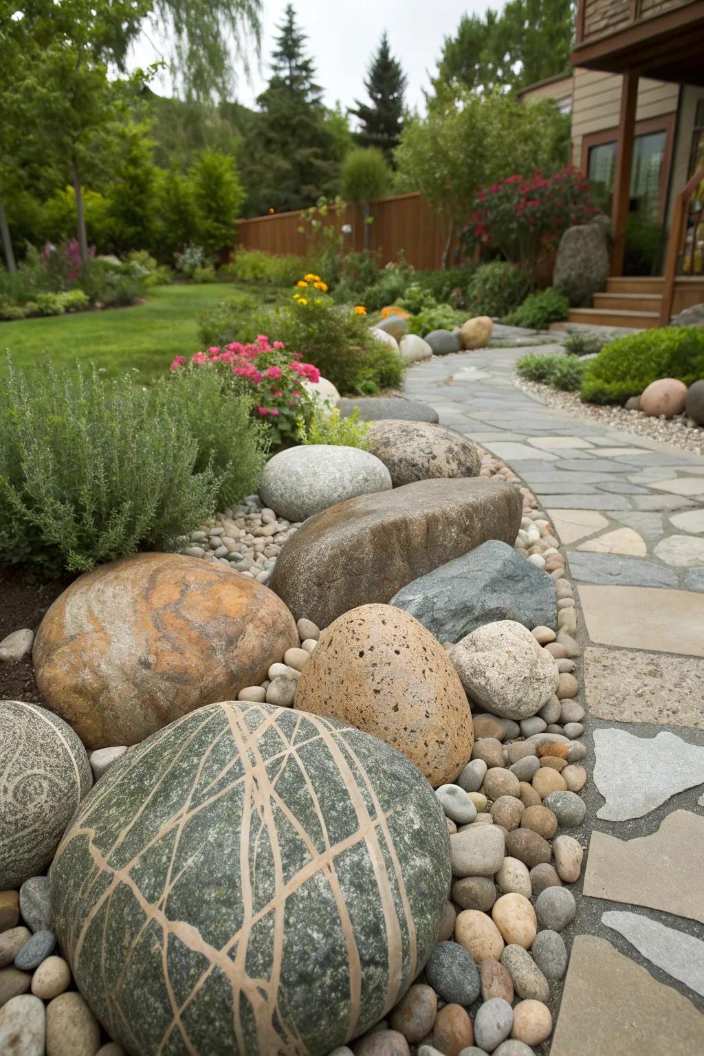 A vibrant mix of stone textures and colors adds dynamic interest to a garden.