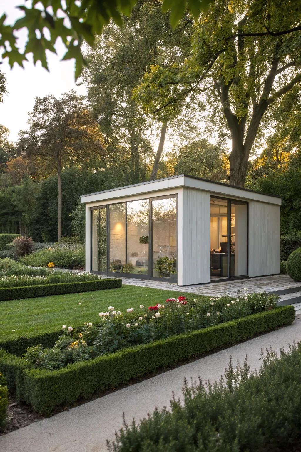 A modern minimalist shed with expansive windows for an airy, light-filled space.