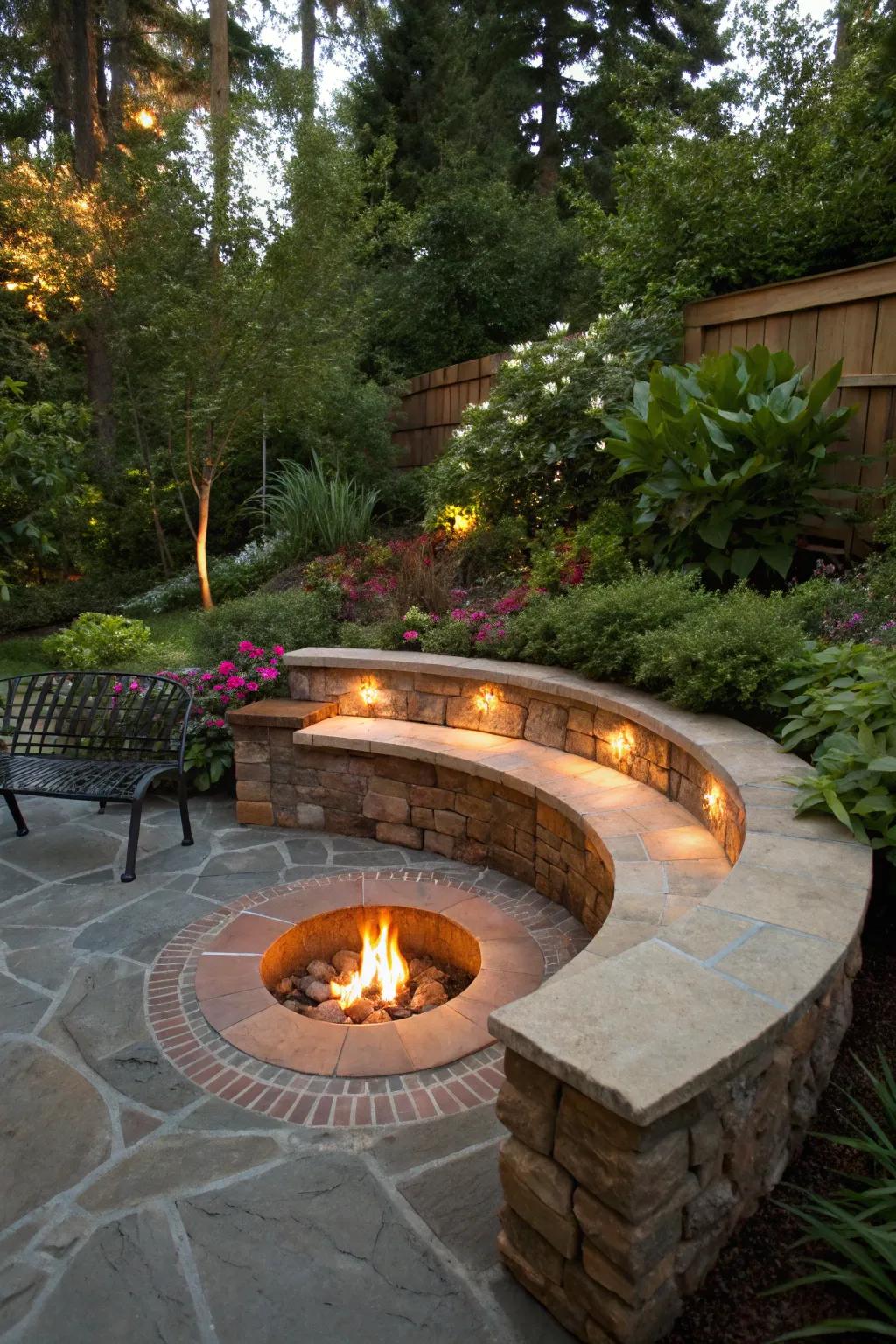 Elegant circular stone benches enhance the fire pit's appeal.