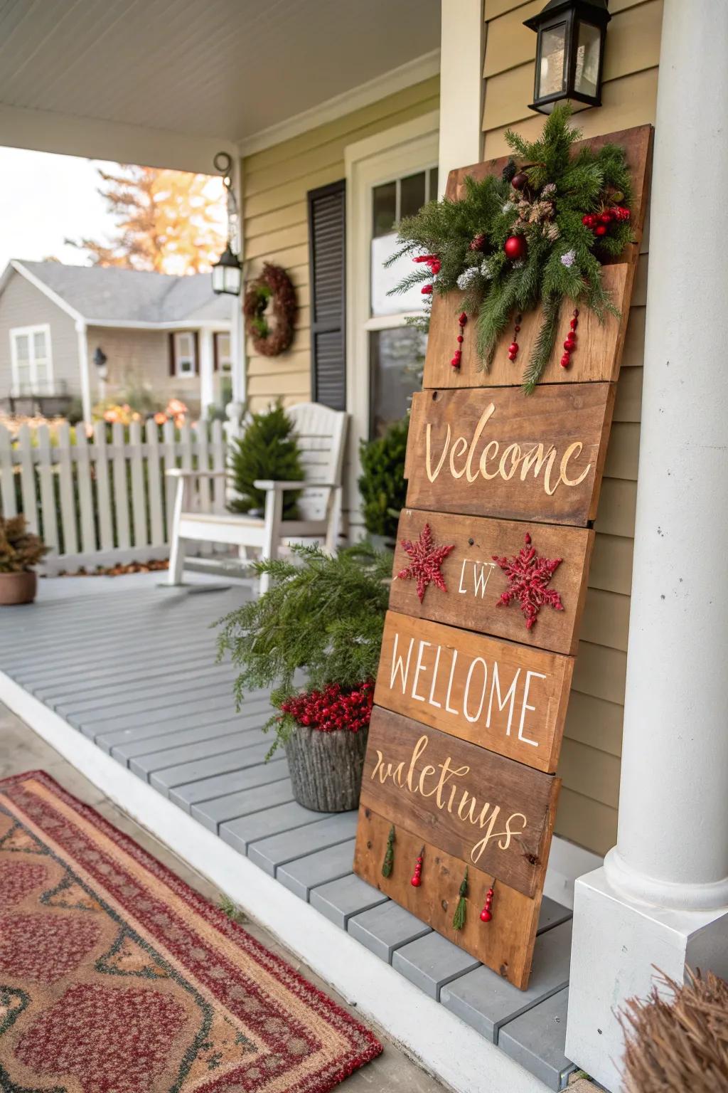 Handcrafted rustic welcome sign with holiday greetings.