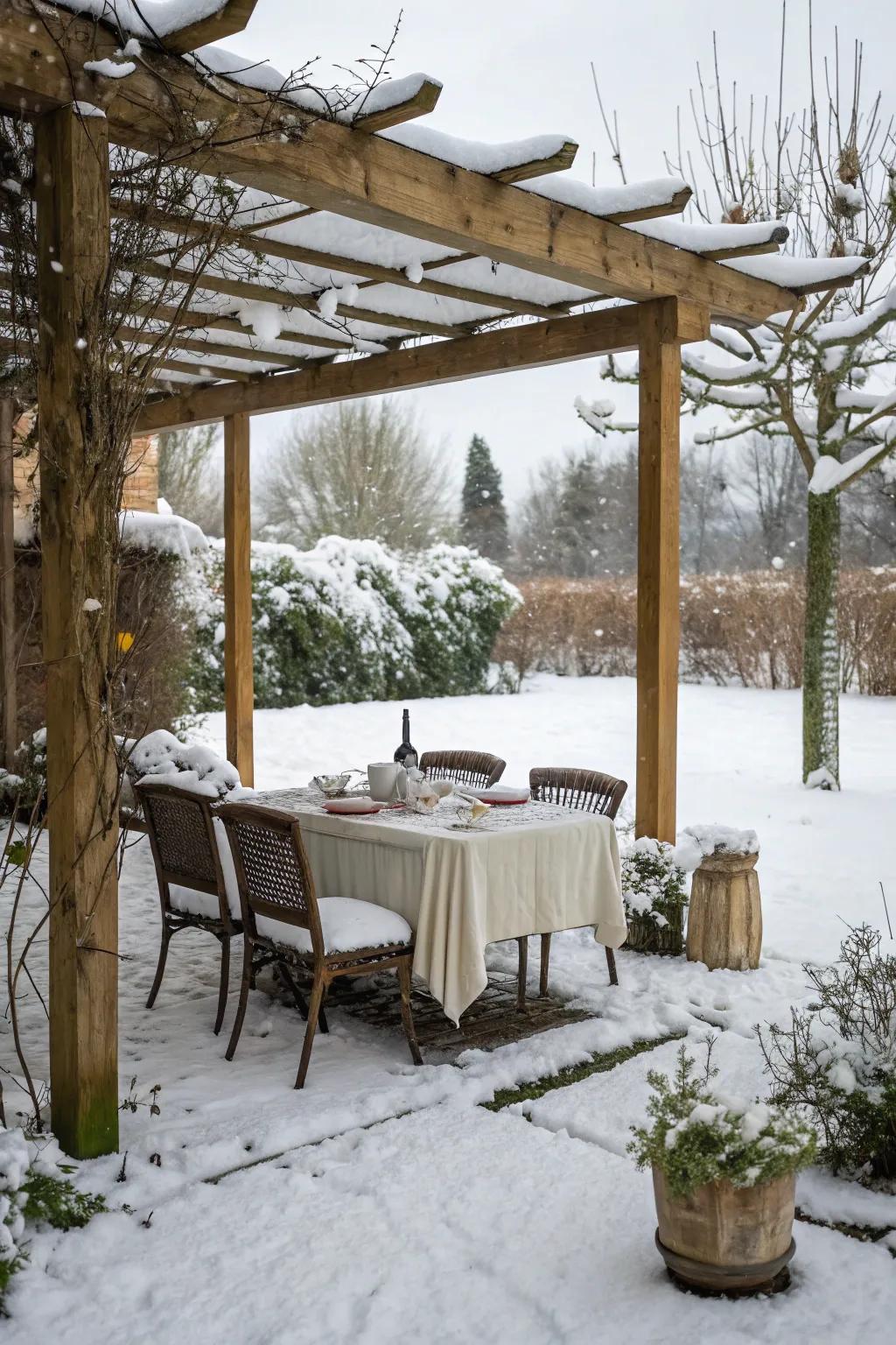 An inviting dining setup under a winter pergola.