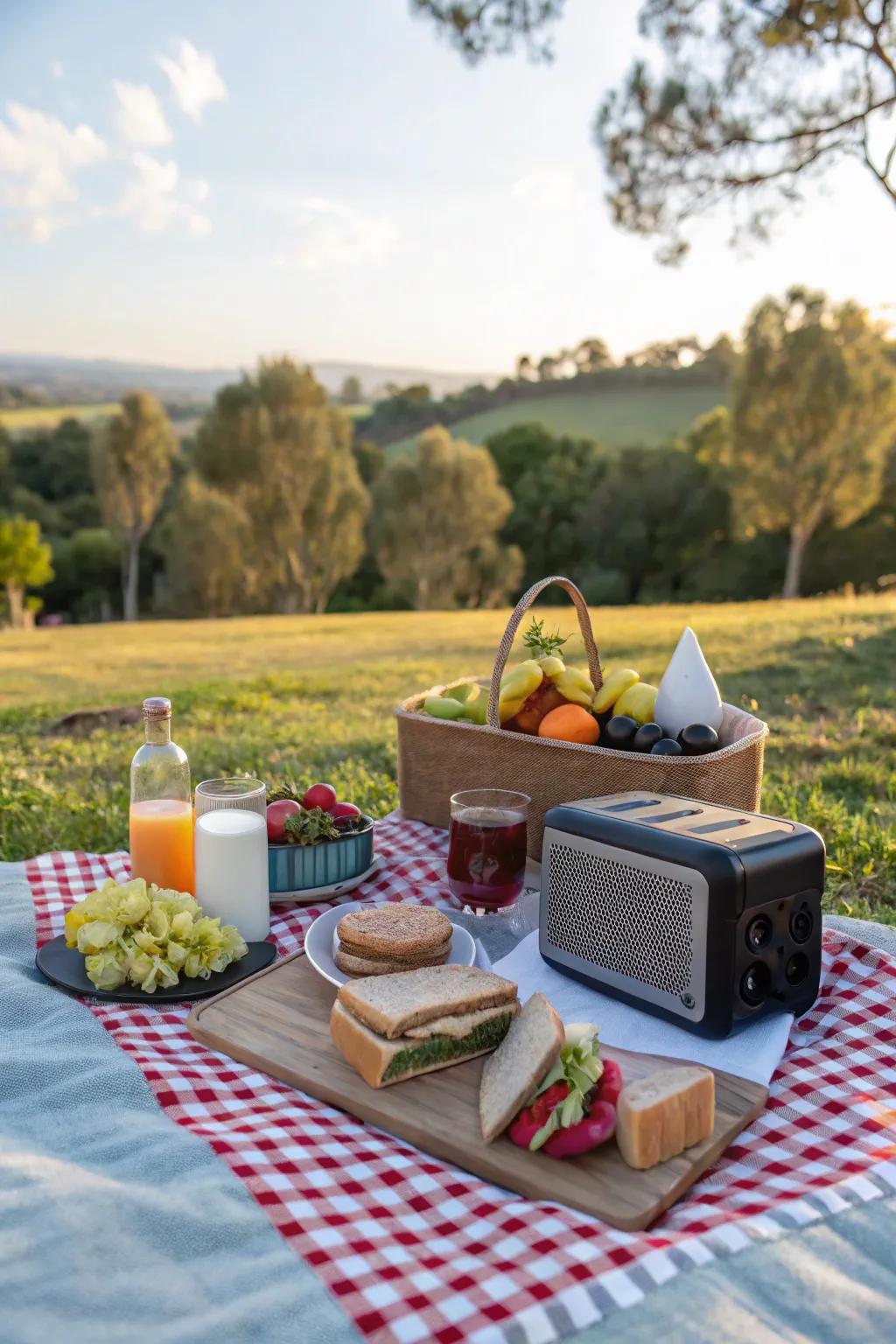 A Bluetooth speaker playing romantic tunes sets the perfect mood.