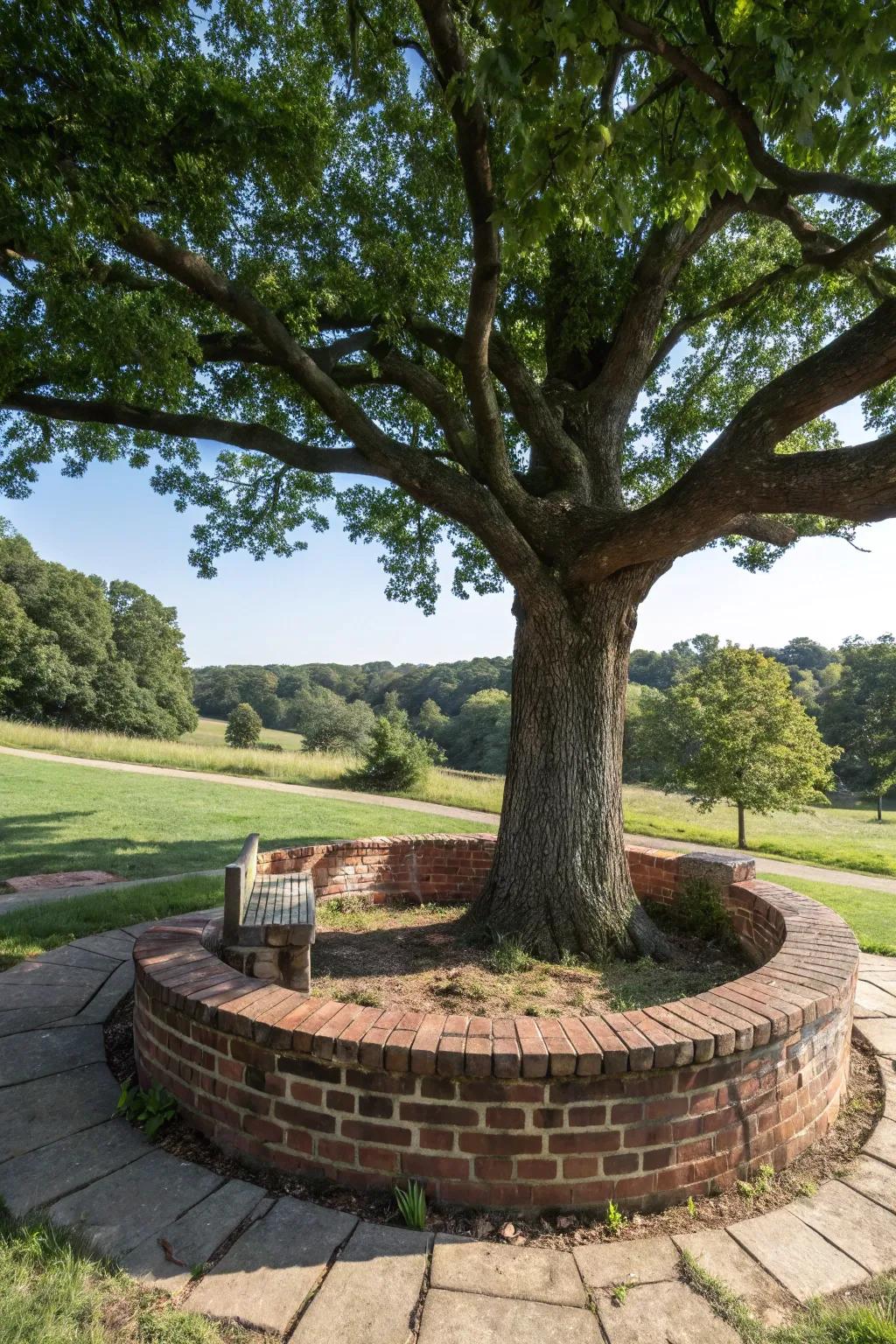 A brick bench around the tree invites relaxation.