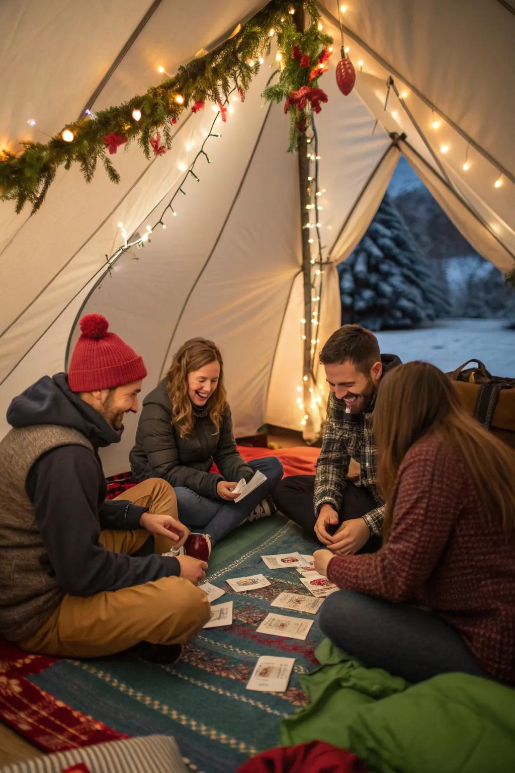 A lively game night inside a tent, filled with laughter and festive spirit.