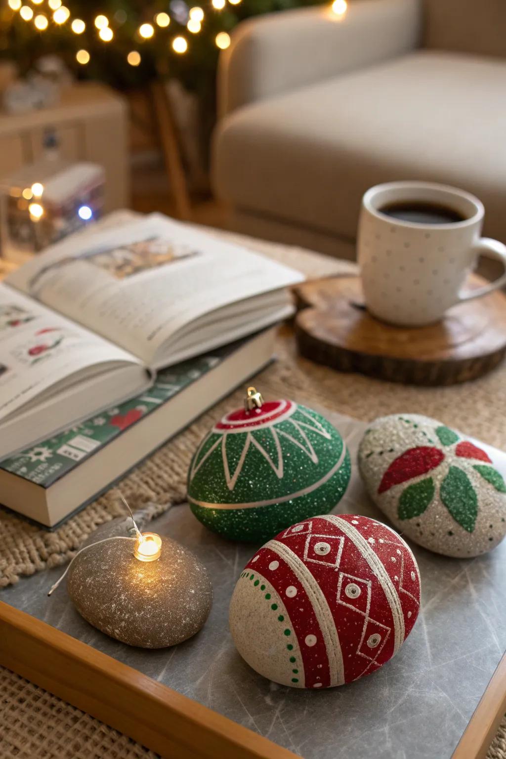 Ornament-inspired rocks add sparkle to holiday decor.