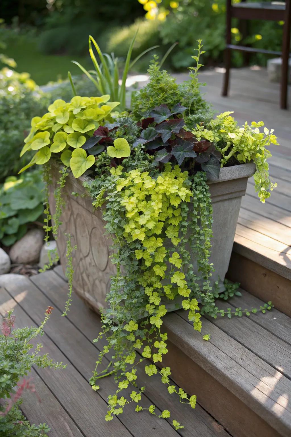 Earthy toned plants paired with creeping jenny in a serene garden container.