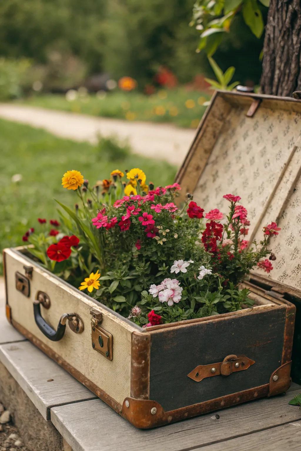 A vintage suitcase garden adds a touch of wanderlust to your space.