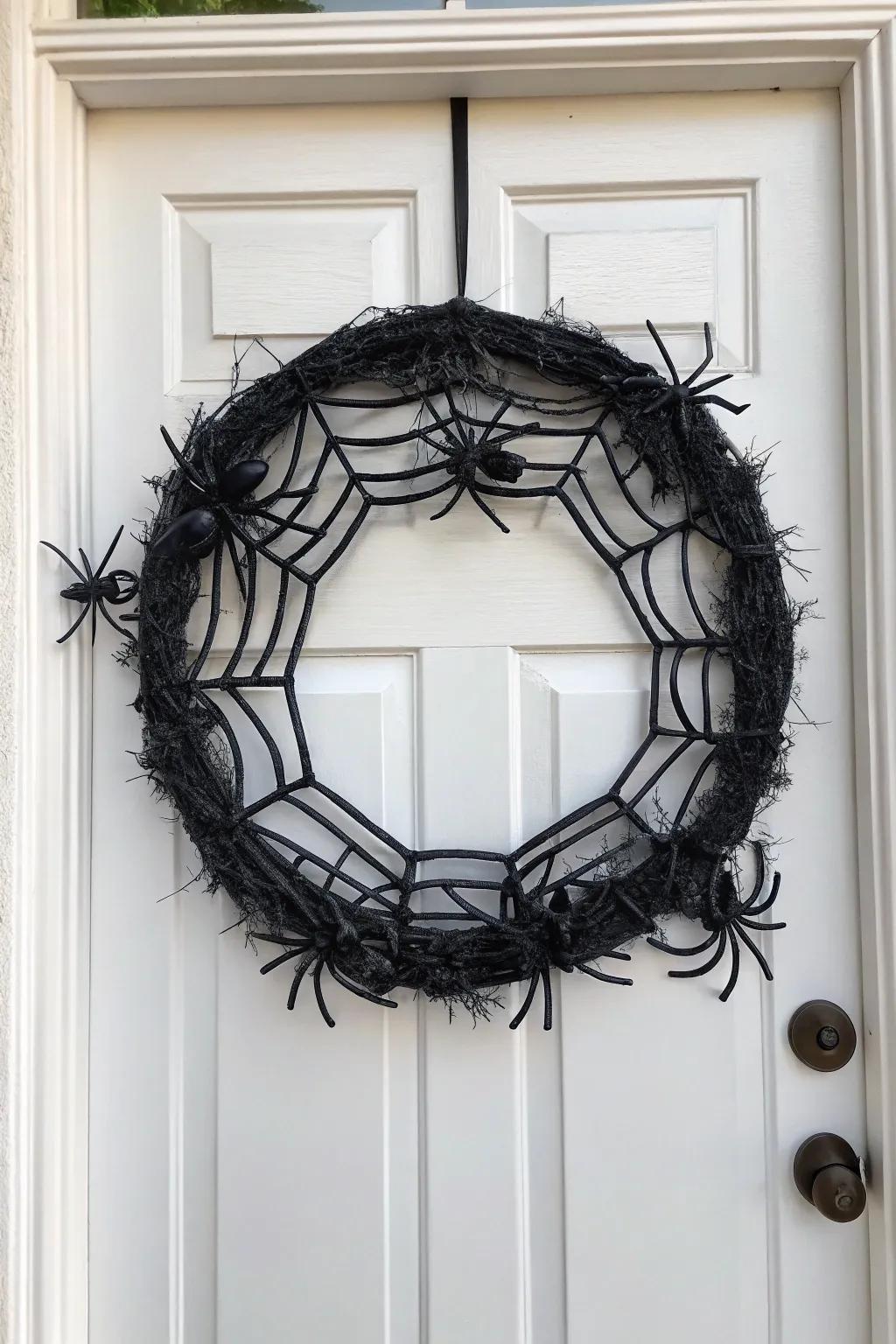A spooky spiderweb wreath that adds a creepy charm to any entrance.