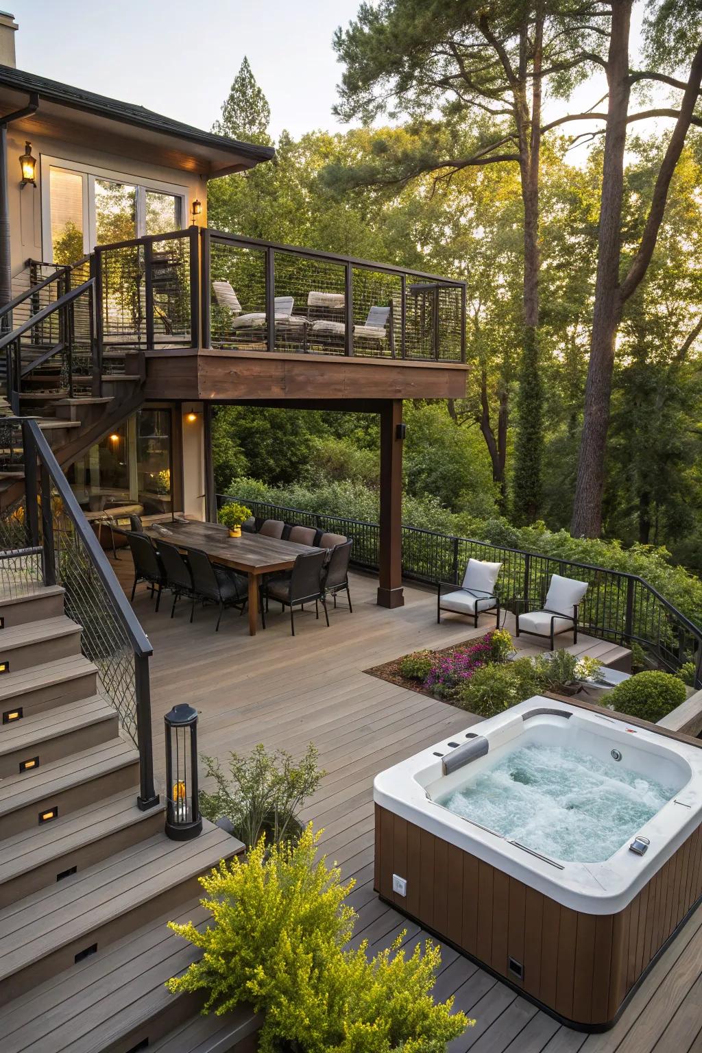 Multi-level deck offering diverse spaces for various activities.