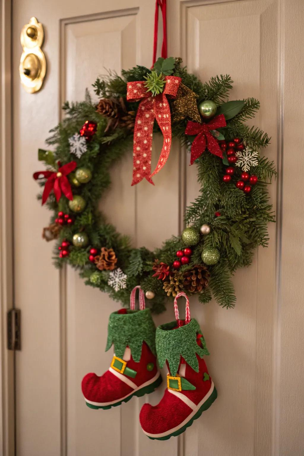 Quirky elf shoes add a magical touch to this wreath.